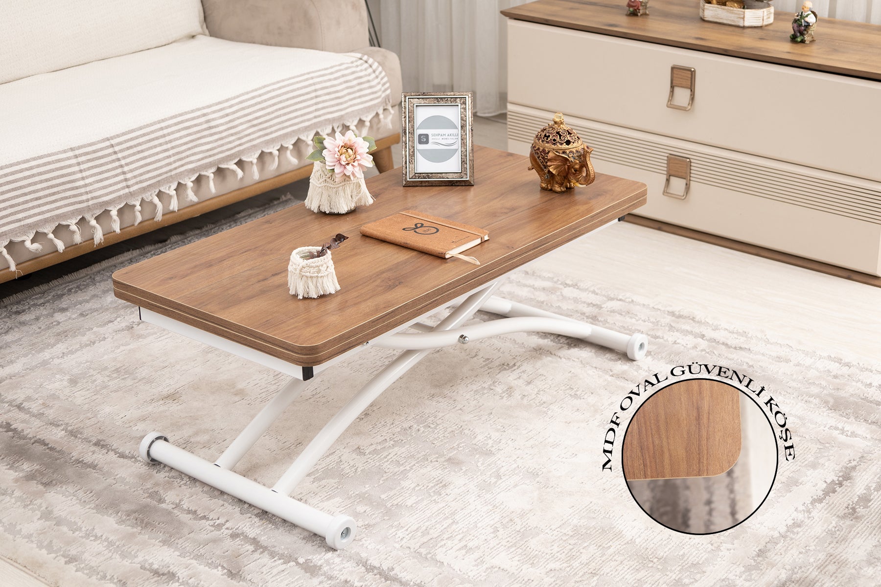 Mini Juppo Akıllı Sehpa – Ceviz MDF Üst & Beyaz Dışa Kıvrımlı Metal Ayak