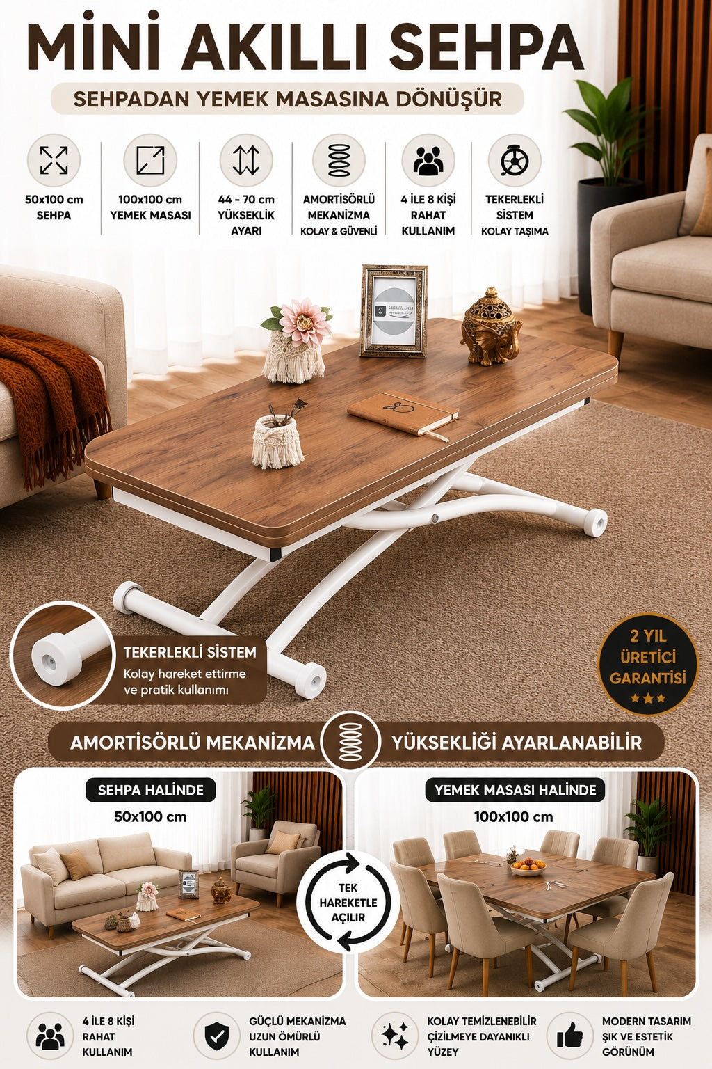 Mini Juppo Akıllı Sehpa – Ceviz MDF Üst & Beyaz Dışa Kıvrımlı Metal Ayak