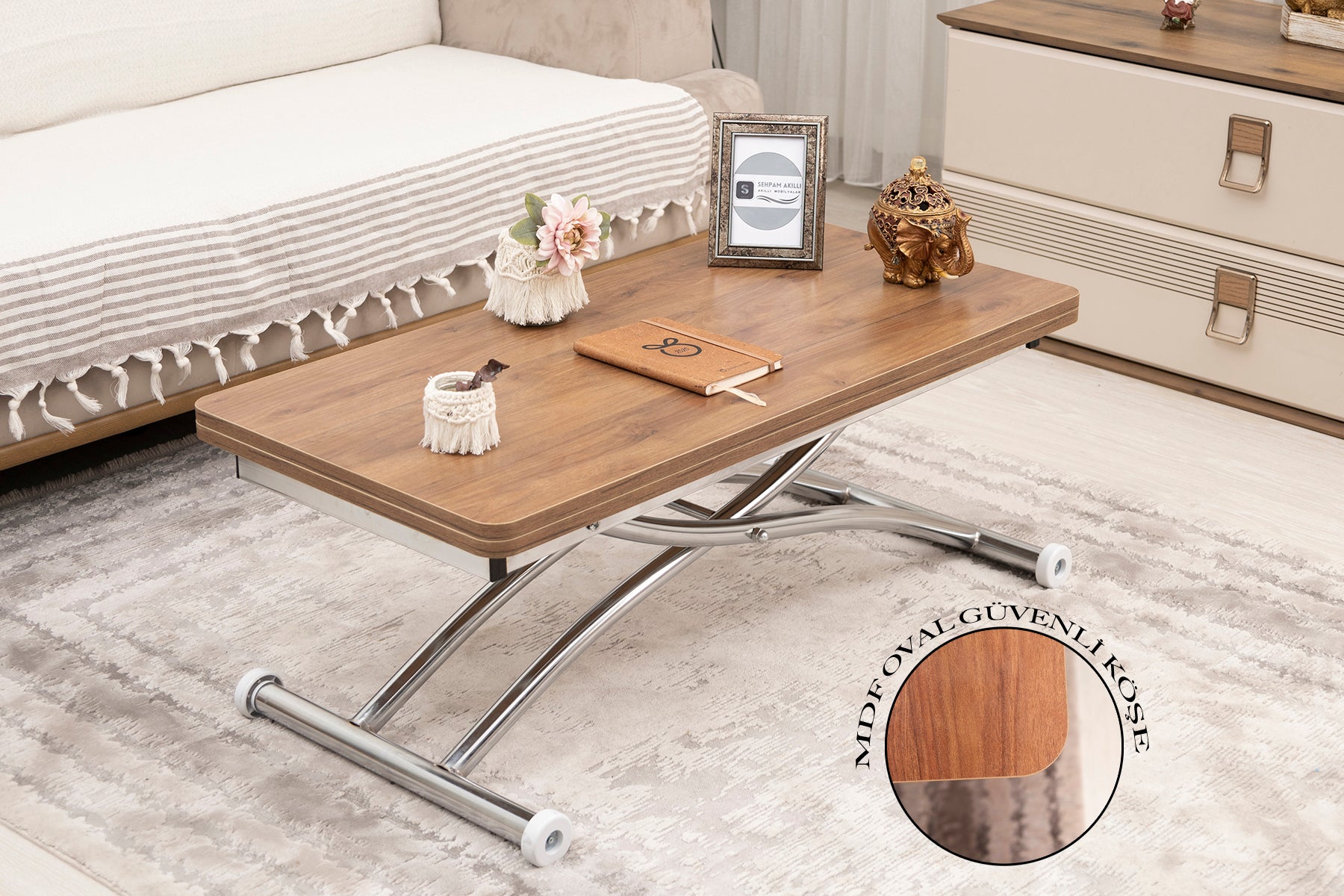 Mini Juppo Smart Coffee Table - Walnut MDF Top & Chrome Plated Outward Curved Leg