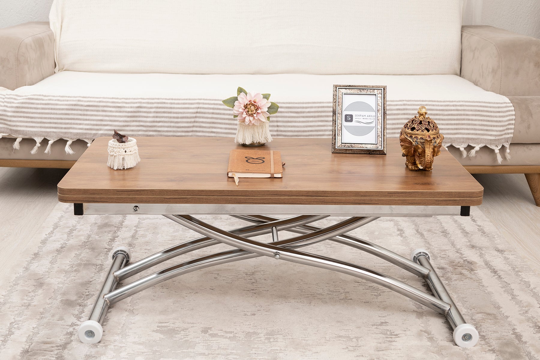 Mini Juppo Smart Coffee Table - Walnut MDF Top & Chrome Plated Outward Curved Leg