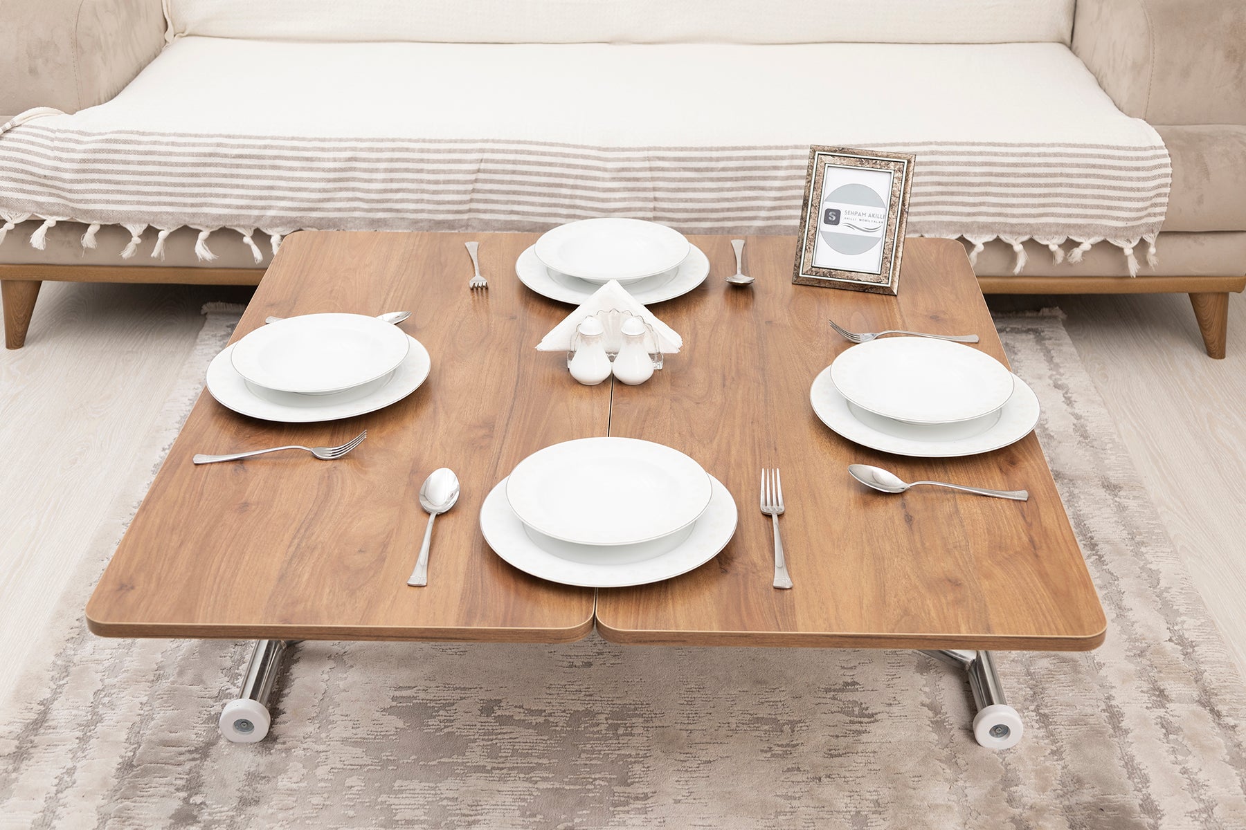 Mini Juppo Smart Coffee Table - Walnut MDF Top & Chrome Plated Outward Curved Leg