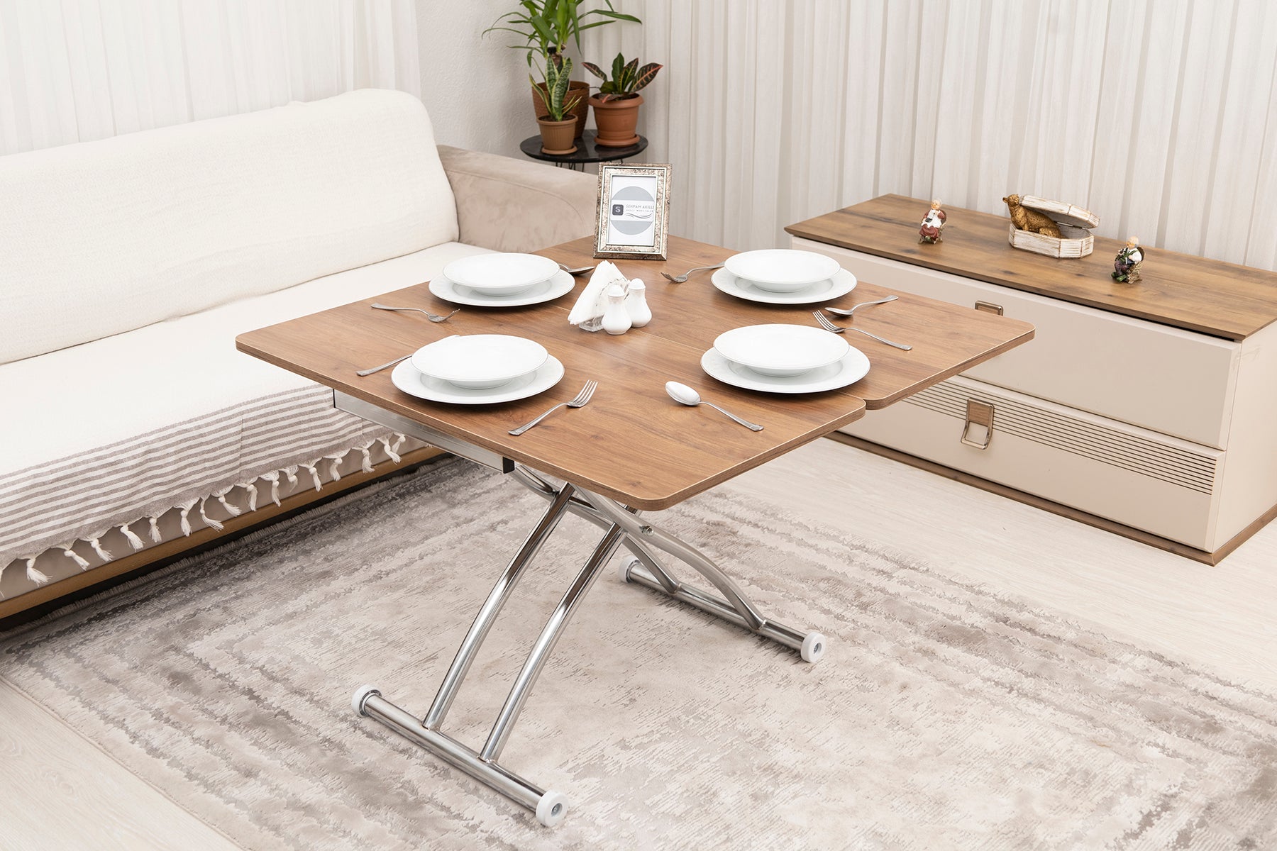 Mini Juppo Smart Coffee Table - Walnut MDF Top & Chrome Plated Outward Curved Leg