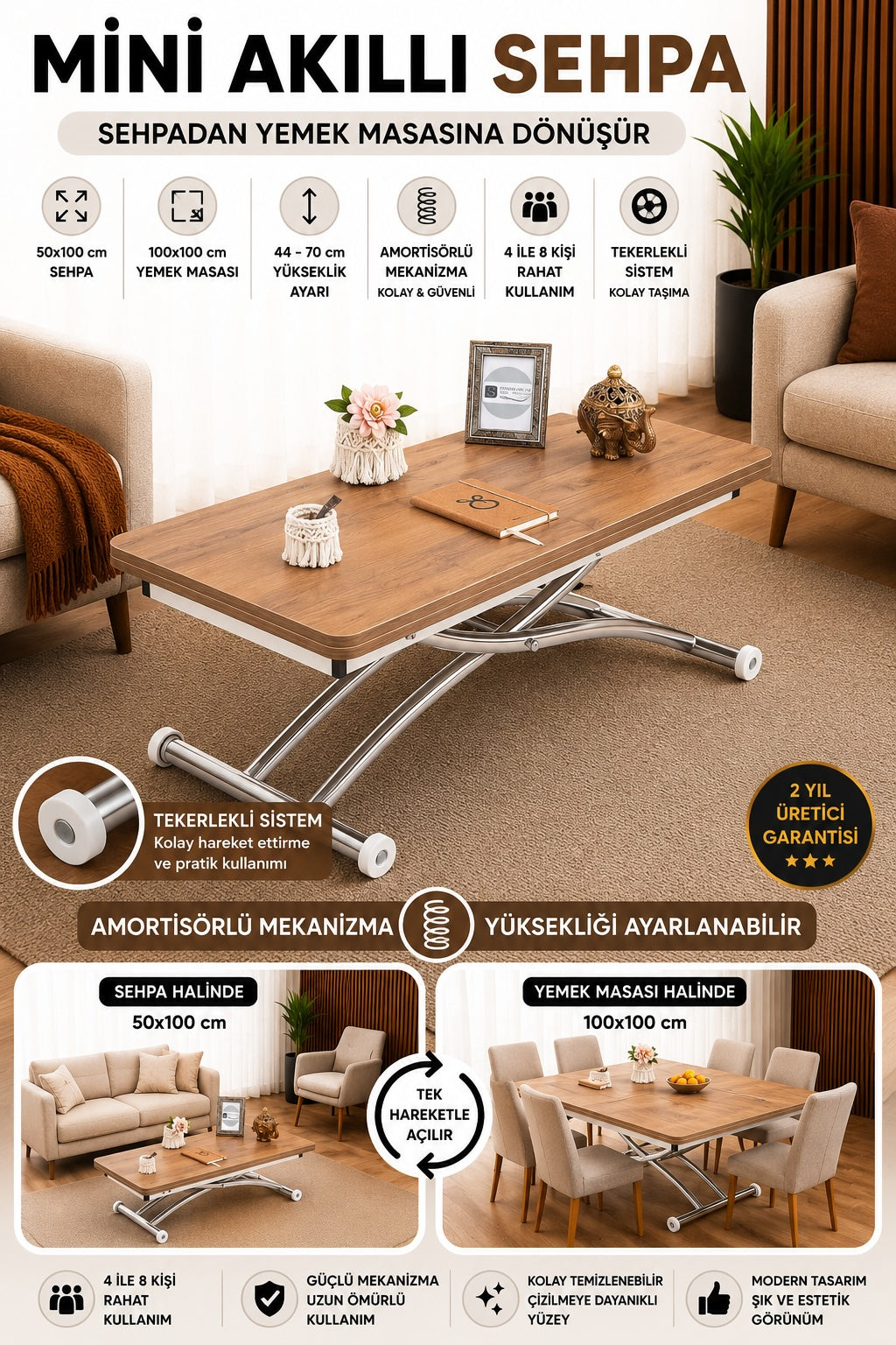Mini Juppo Smart Coffee Table - Walnut MDF Top & Chrome Plated Outward Curved Leg