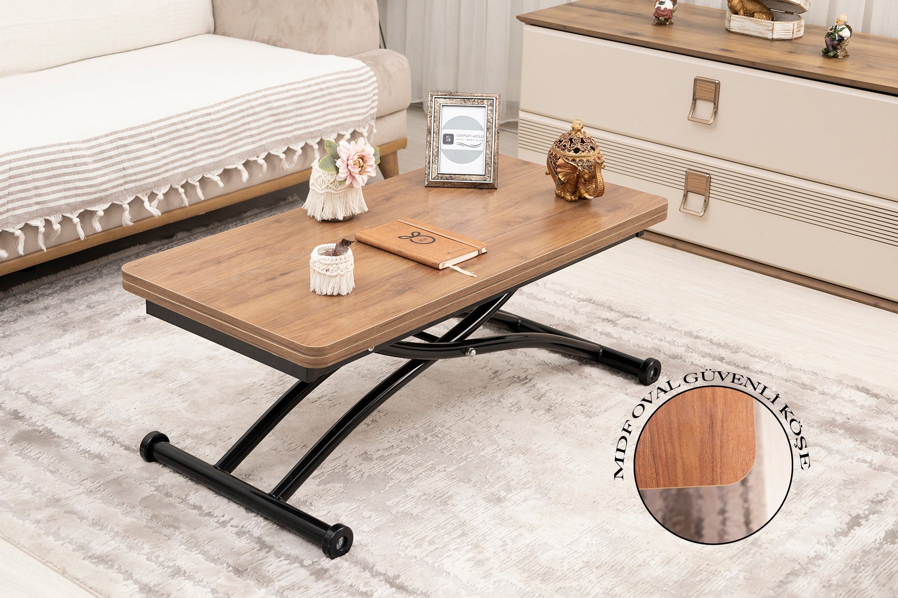 Mini Juppo Smart Coffee Table – Walnut MDF Top & Black Outward Curved Metal Leg