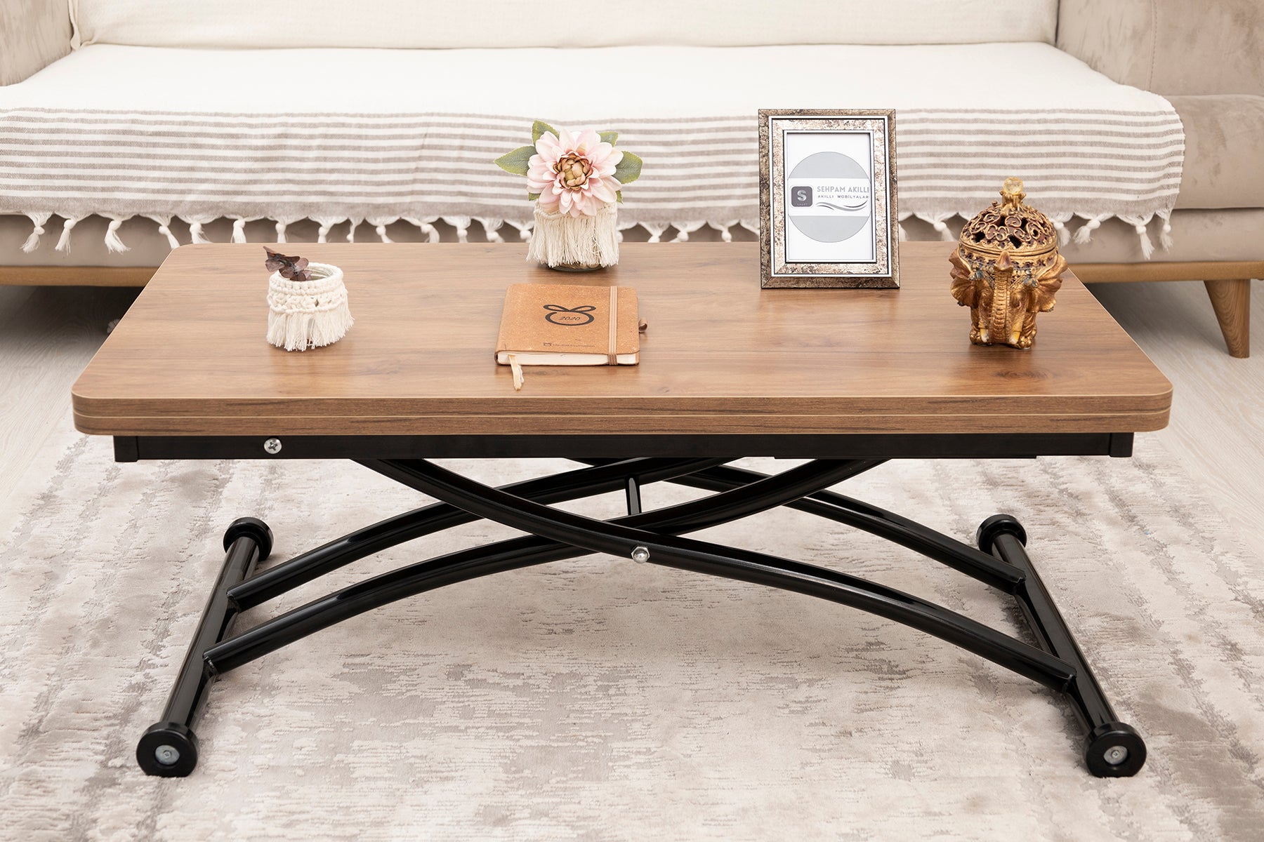 Mini Juppo Smart Coffee Table – Walnut MDF Top & Black Outward Curved Metal Leg