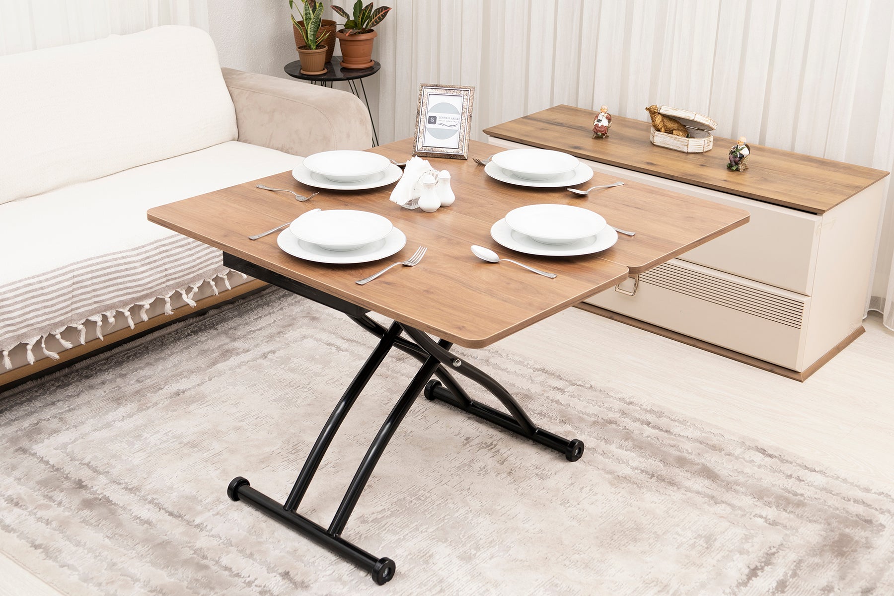 Mini Juppo Smart Coffee Table – Walnut MDF Top & Black Outward Curved Metal Leg