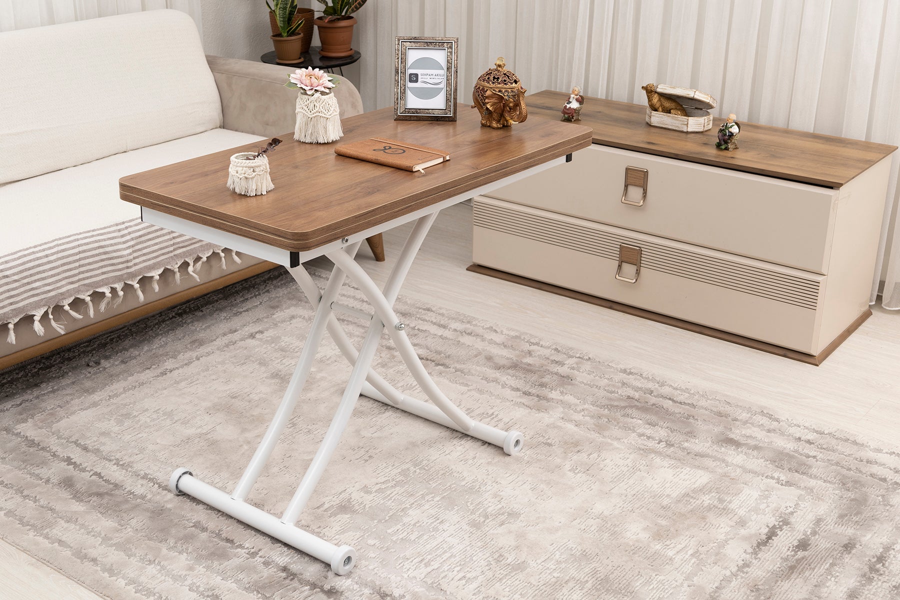 Mini Juppo Smart Coffee Table – Walnut MDF Top & White Metal Leg