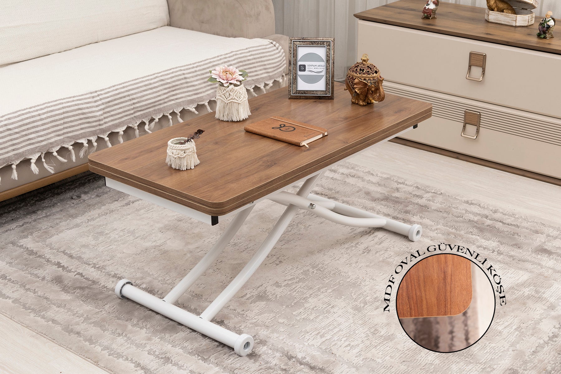 Mini Juppo Smart Coffee Table – Walnut MDF Top & White Metal Leg