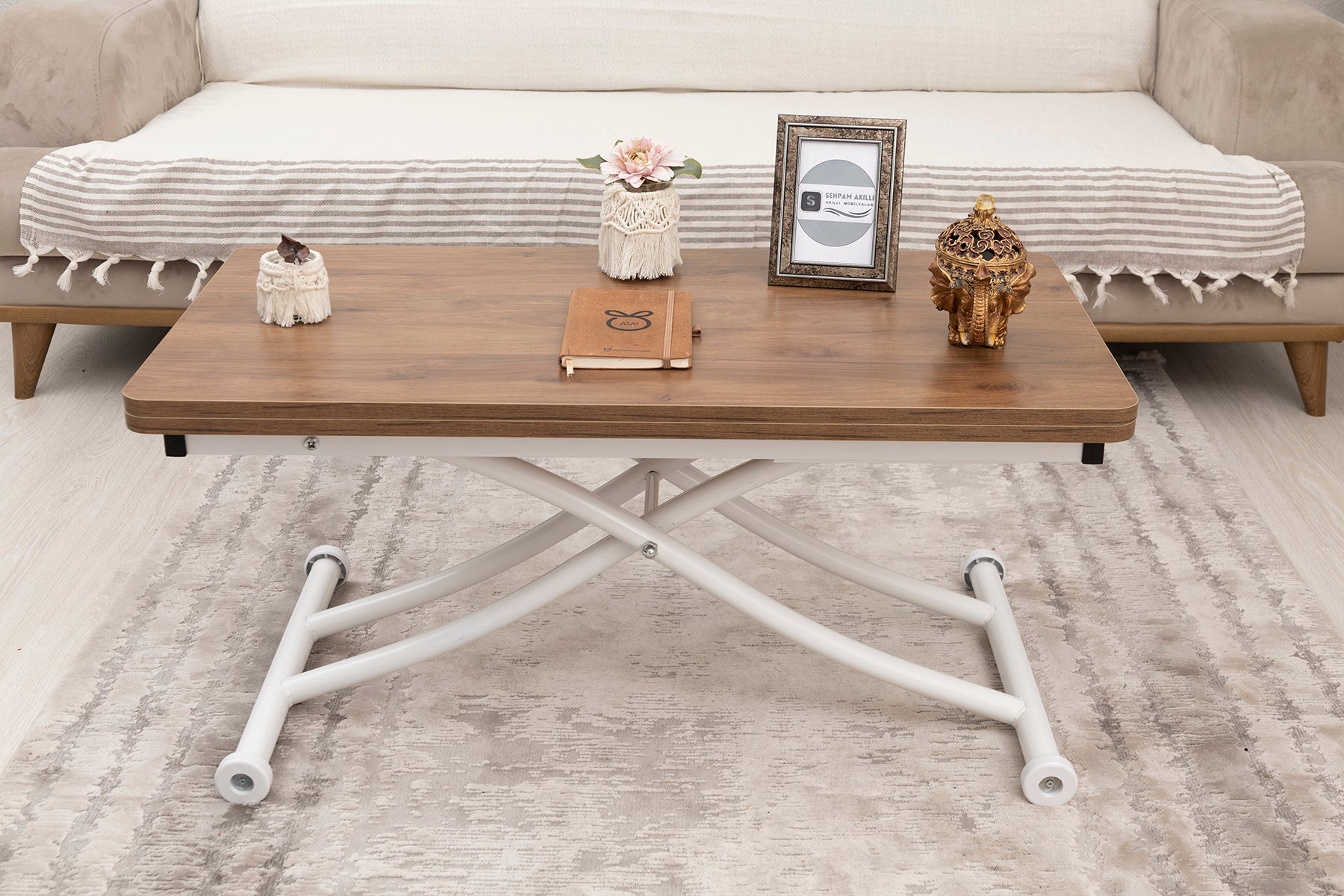 Mini Juppo Smart Coffee Table – Walnut MDF Top & White Metal Leg