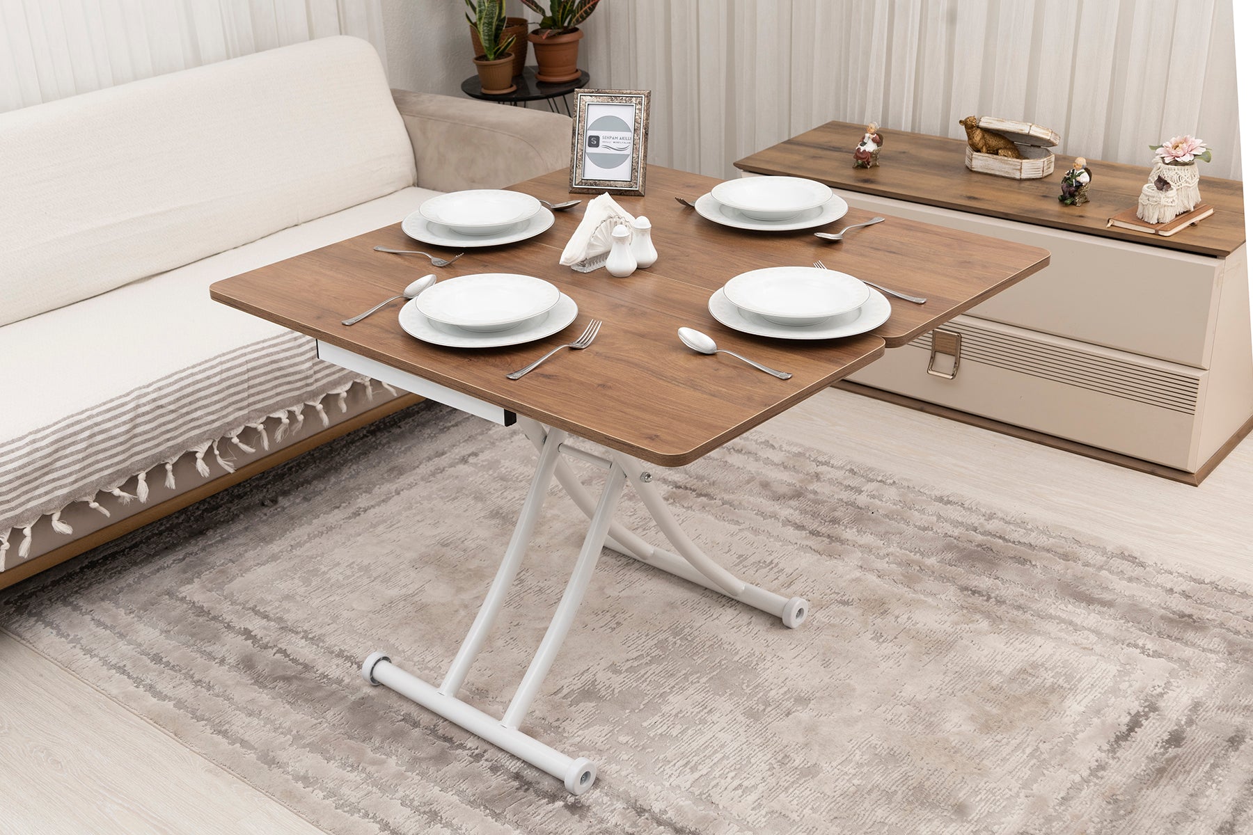 Mini Juppo Smart Coffee Table – Walnut MDF Top & White Metal Leg