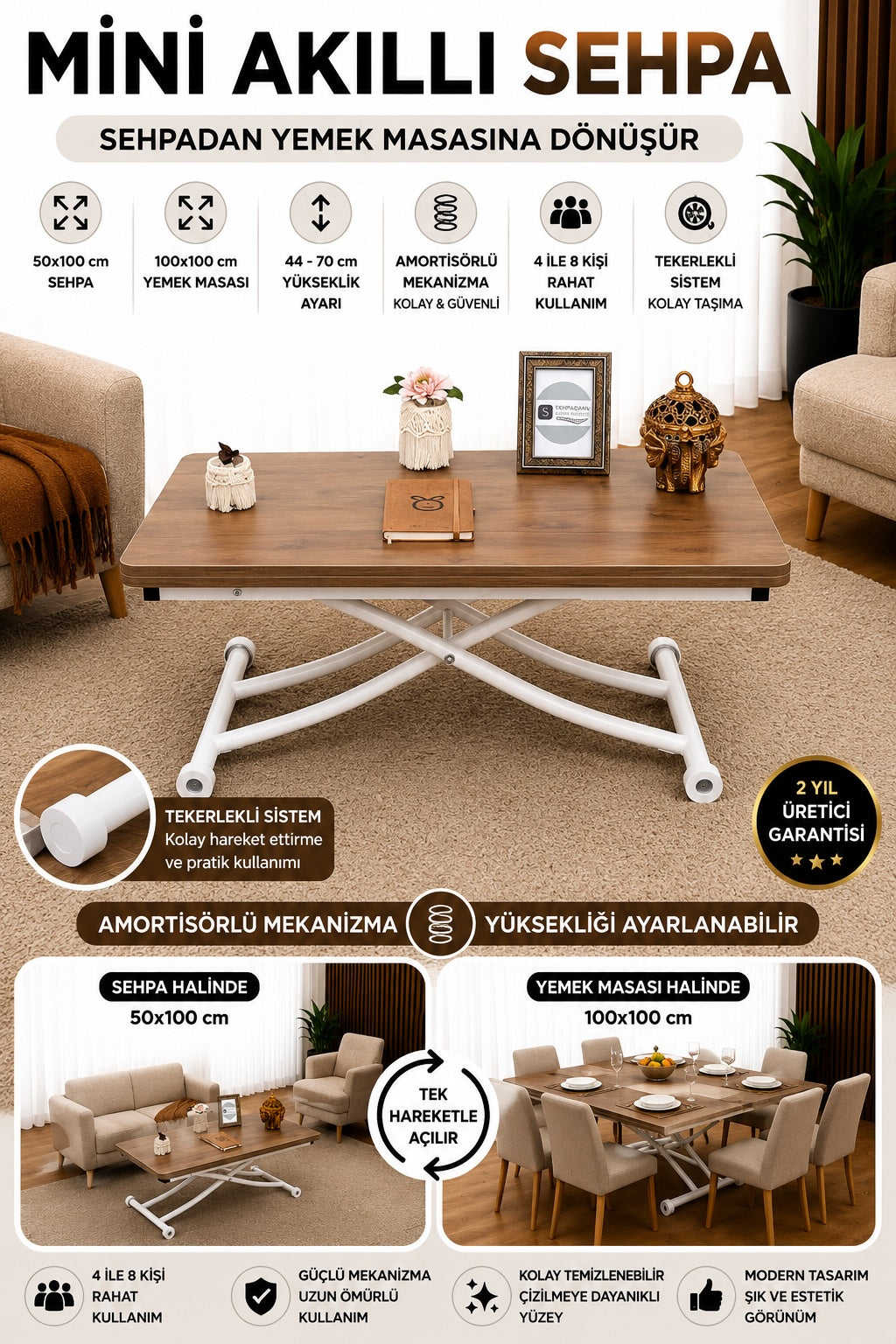 Mini Juppo Smart Coffee Table – Walnut MDF Top & White Metal Leg