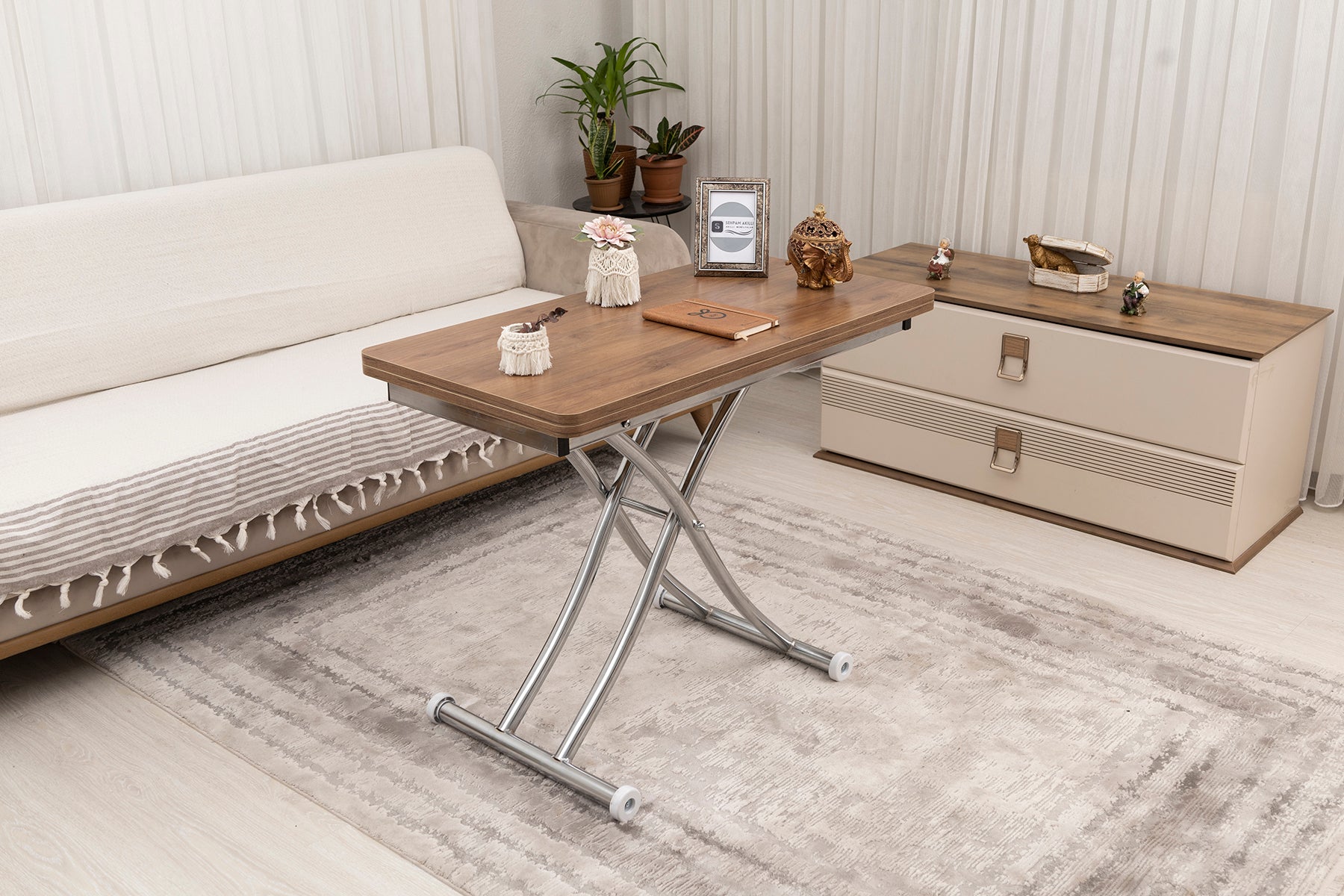 Mini Juppo Smart Coffee Table – Walnut MDF Top & Chrome Plated Metal Legs