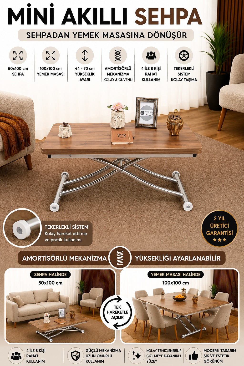 Mini Juppo Smart Coffee Table – Walnut MDF Top & Chrome Plated Metal Legs