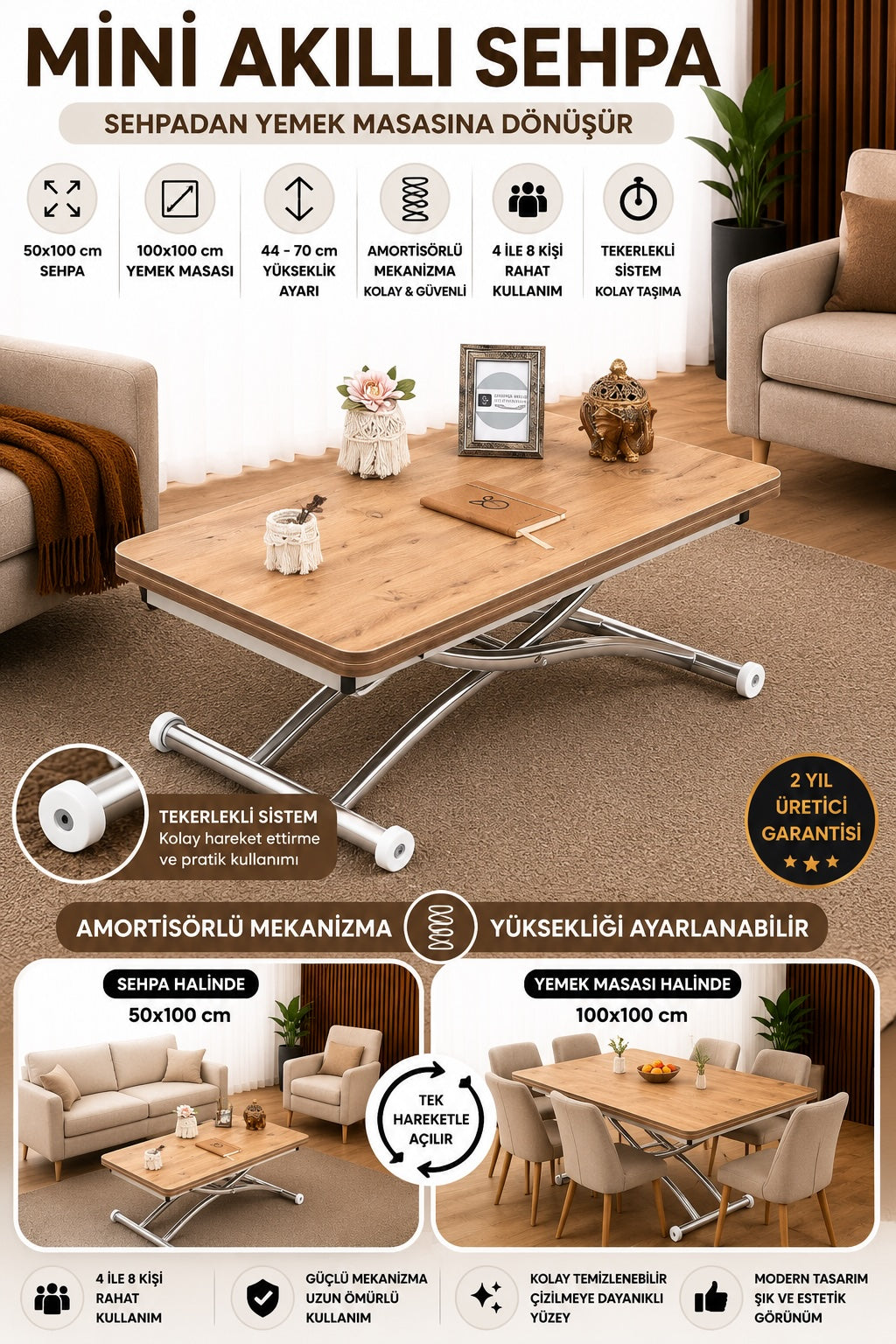 Mini Juppo Akıllı Sehpa – EfesCam MDF Üst & Krom Dışa Kıvrım Metal Ayak