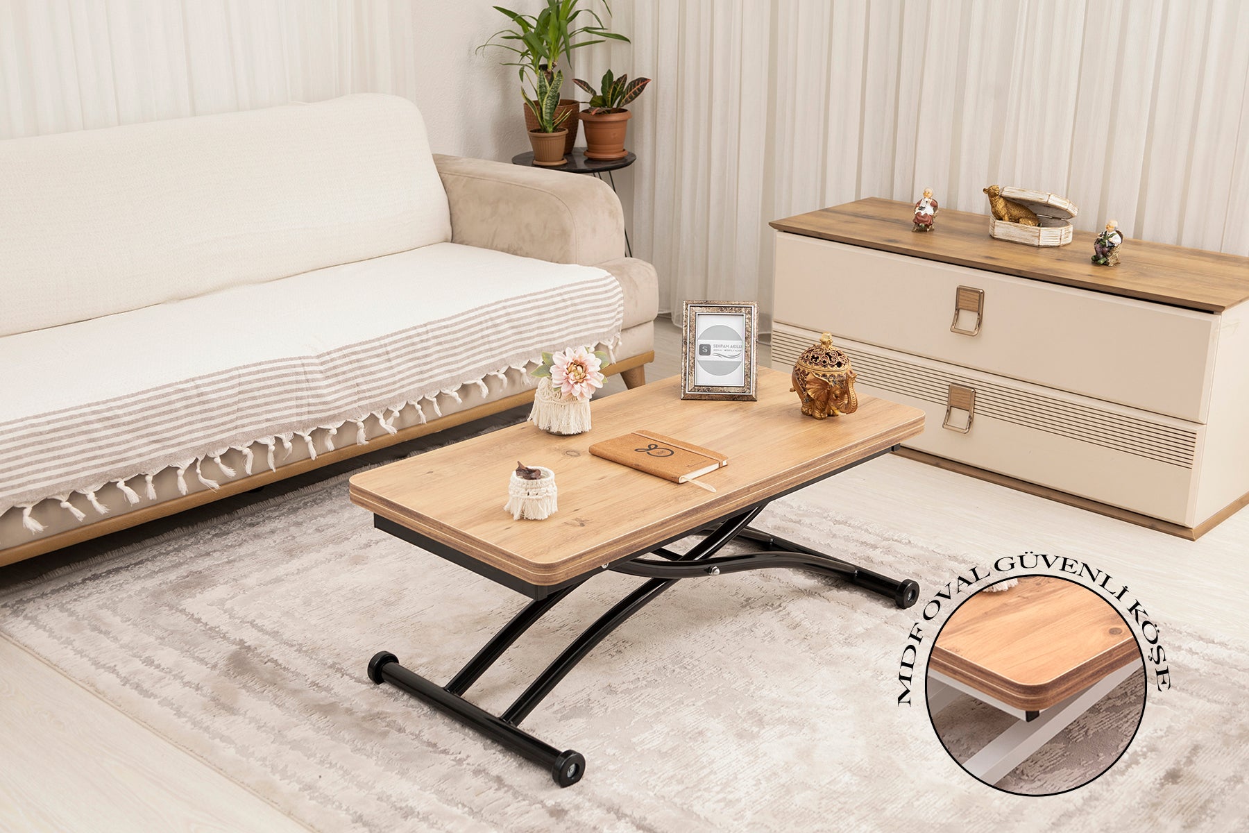 Mini Juppo Smart Coffee Table – EfesCam MDF Top & Black Outward-Curving Metal Legs