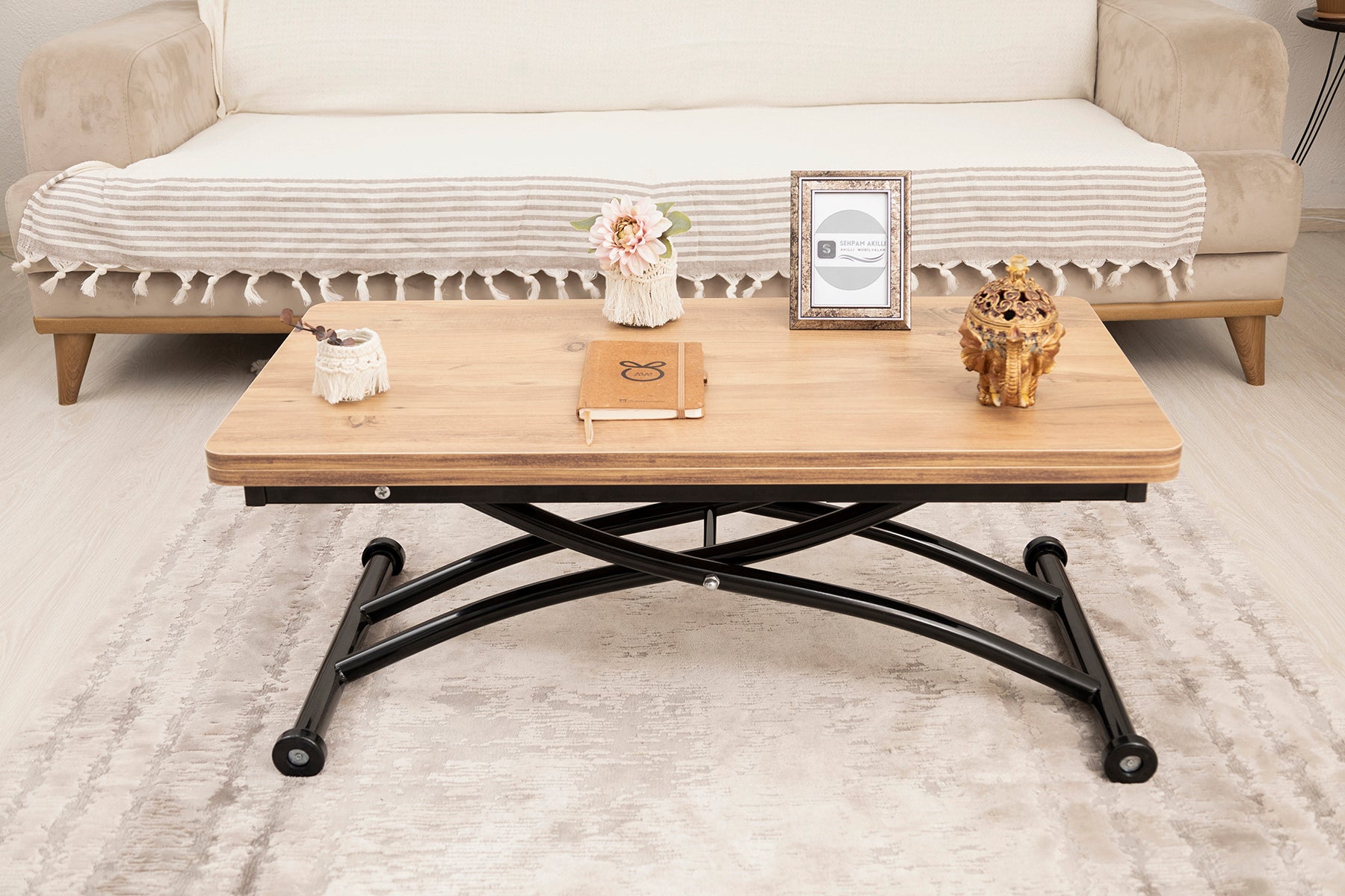 Mini Juppo Smart Coffee Table – EfesCam MDF Top & Black Outward-Curving Metal Legs