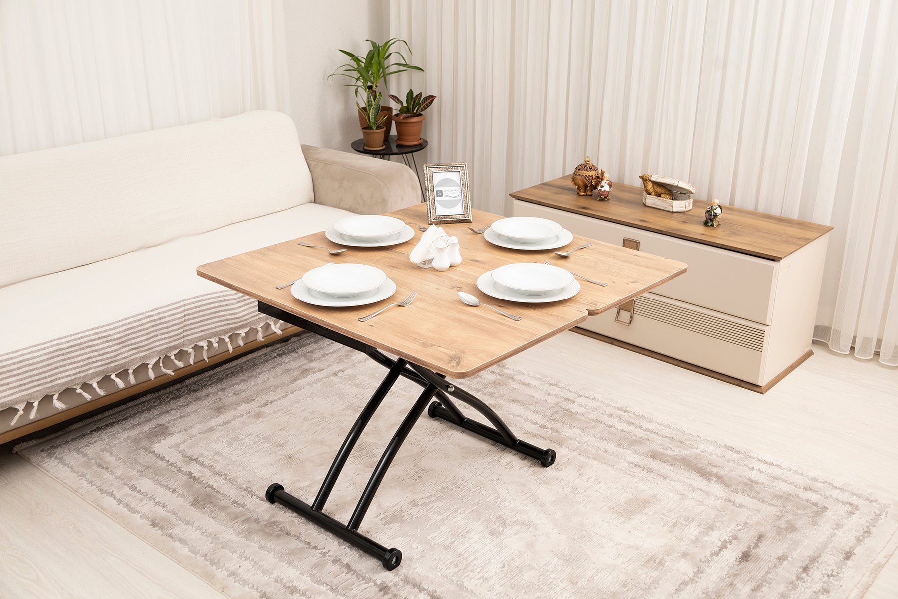 Mini Juppo Smart Coffee Table – EfesCam MDF Top & Black Outward-Curving Metal Legs