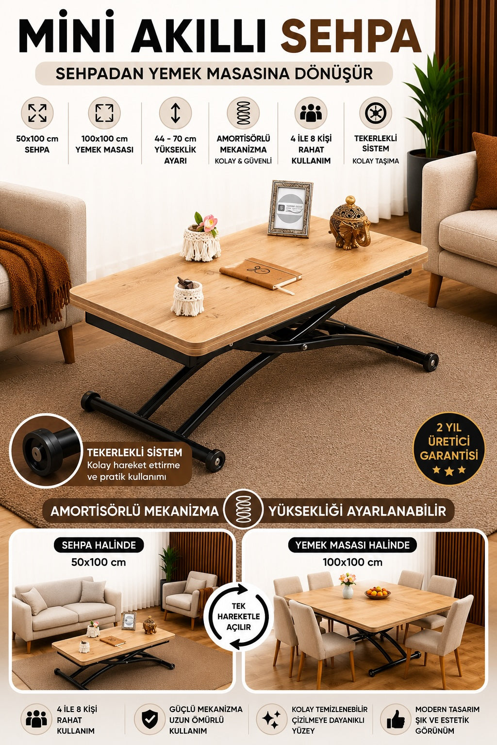 Mini Juppo Smart Coffee Table – EfesCam MDF Top & Black Outward-Curving Metal Legs