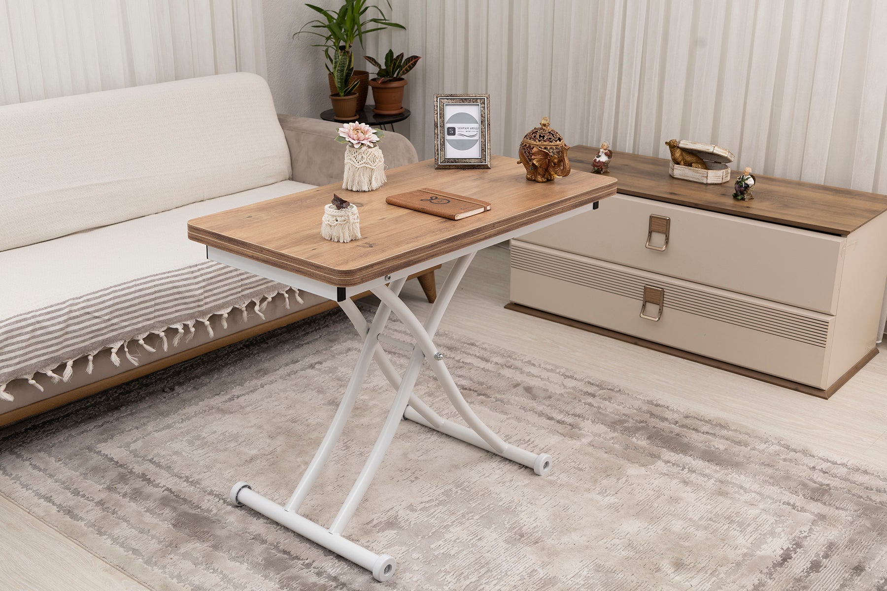 Mini Juppo Smart Coffee Table – EfesCam MDF Top & White Metal Leg