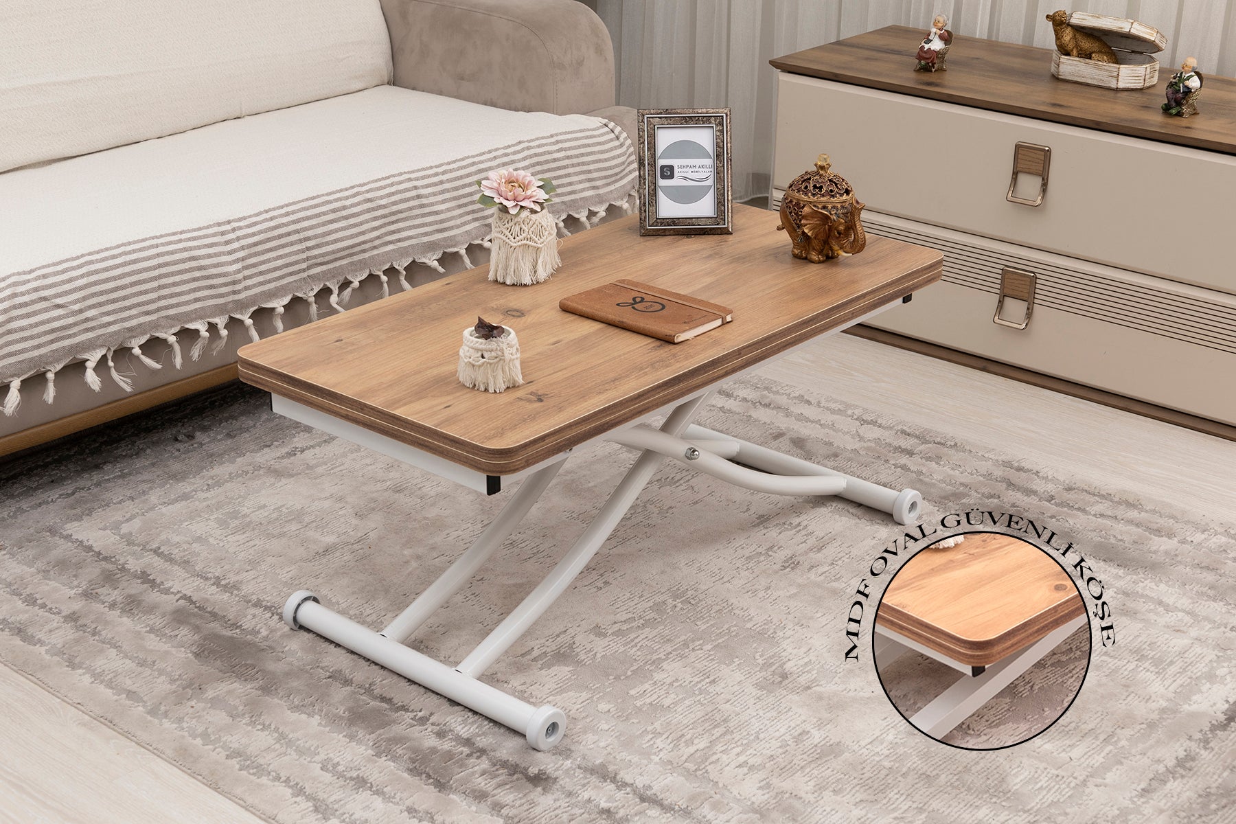 Mini Juppo Smart Coffee Table – EfesCam MDF Top & White Metal Leg