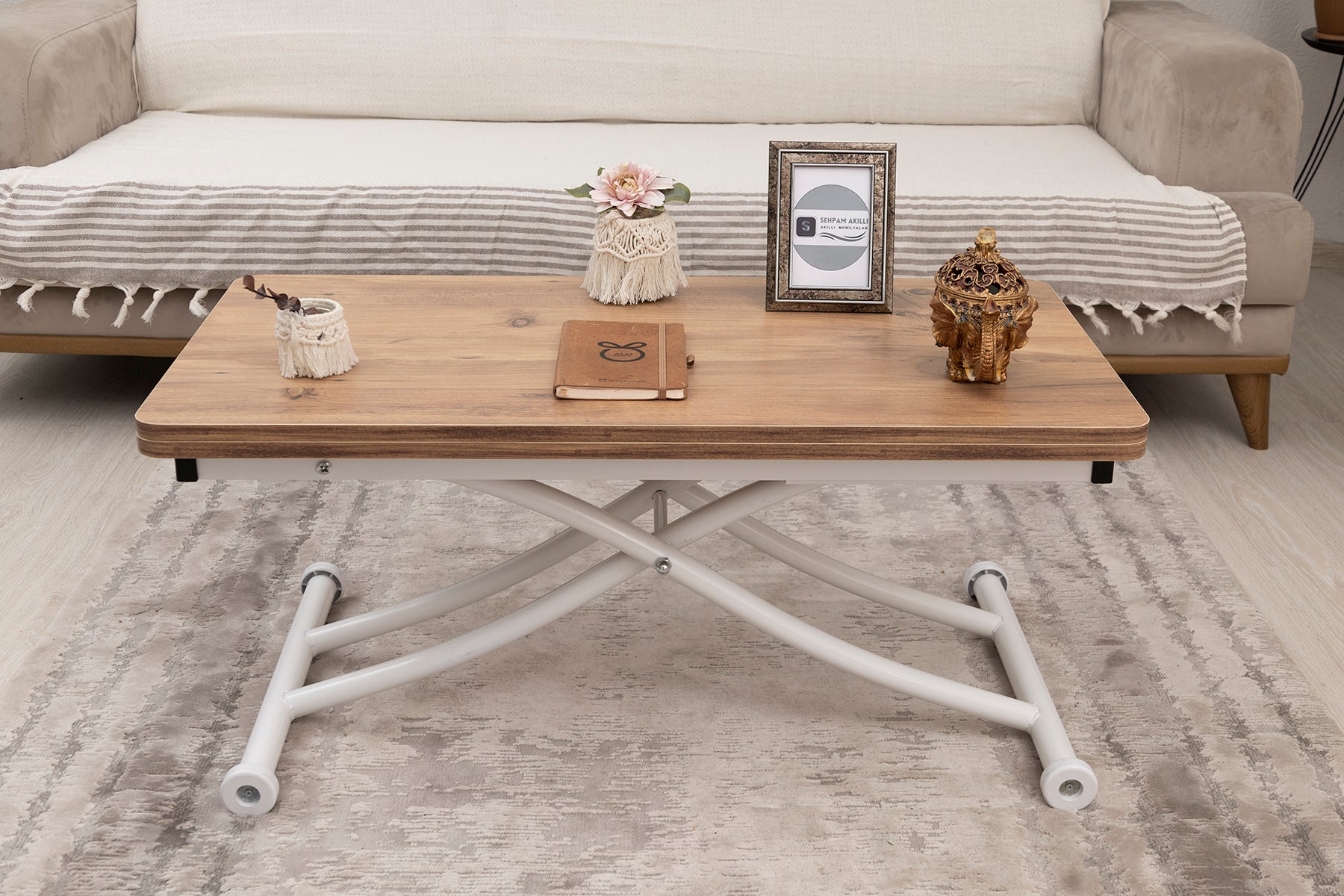 Mini Juppo Smart Coffee Table – EfesCam MDF Top & White Metal Leg