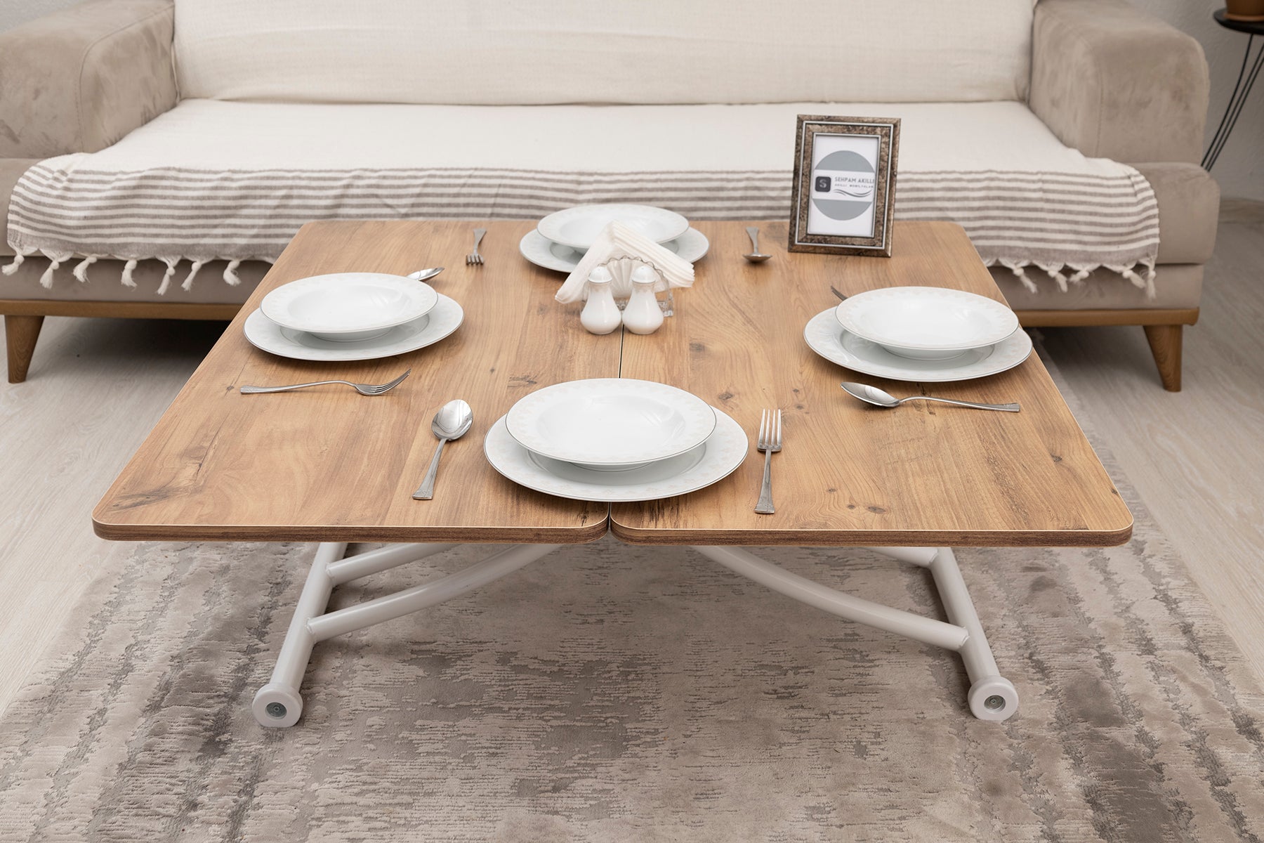 Mini Juppo Smart Coffee Table – EfesCam MDF Top & White Metal Leg