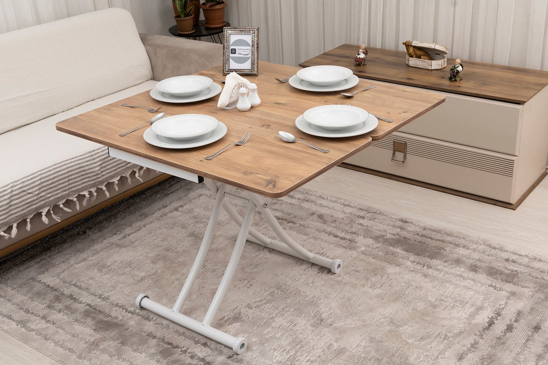Mini Juppo Smart Coffee Table – EfesCam MDF Top & White Metal Leg