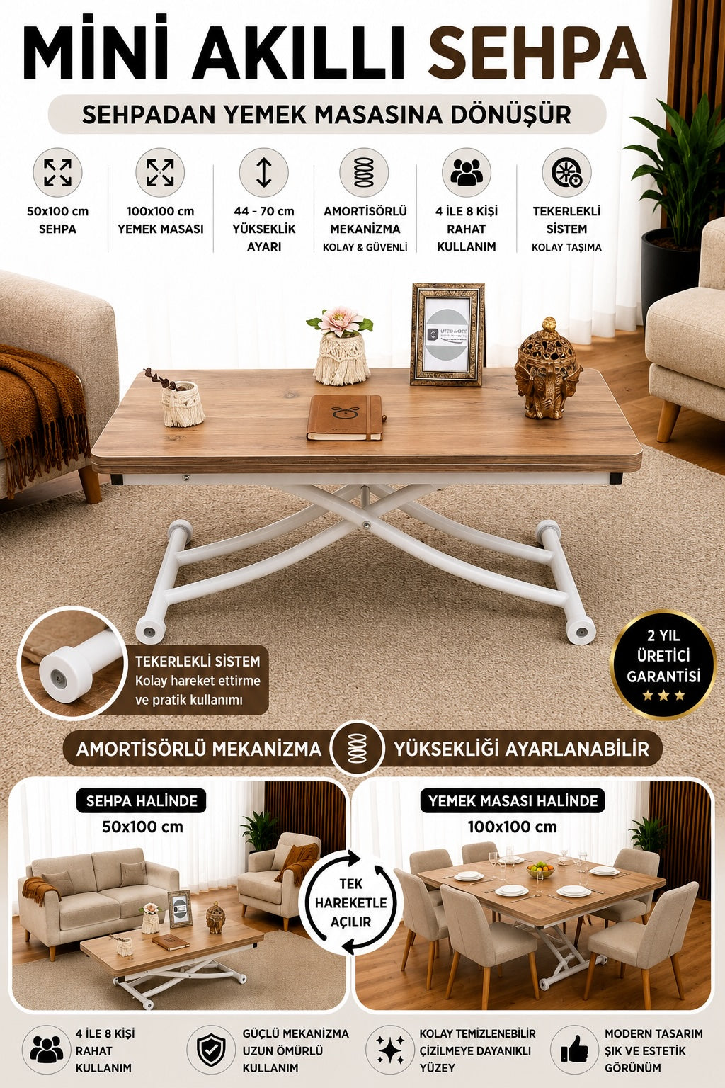 Mini Juppo Smart Coffee Table – EfesCam MDF Top & White Metal Leg