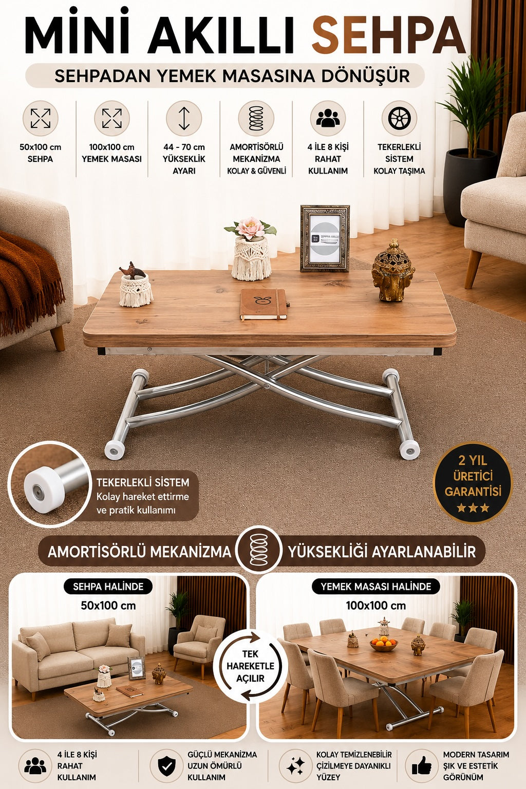 Mini Juppo Smart Coffee Table – EfesCam MDF Top & Chrome-Plated Metal Legs