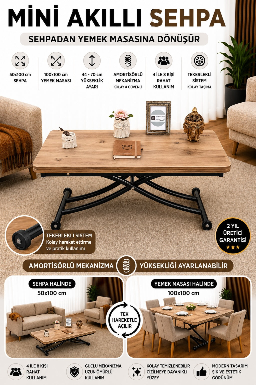Mini Juppo Smart Coffee Table – EfesCam MDF Top & Black Metal Legs