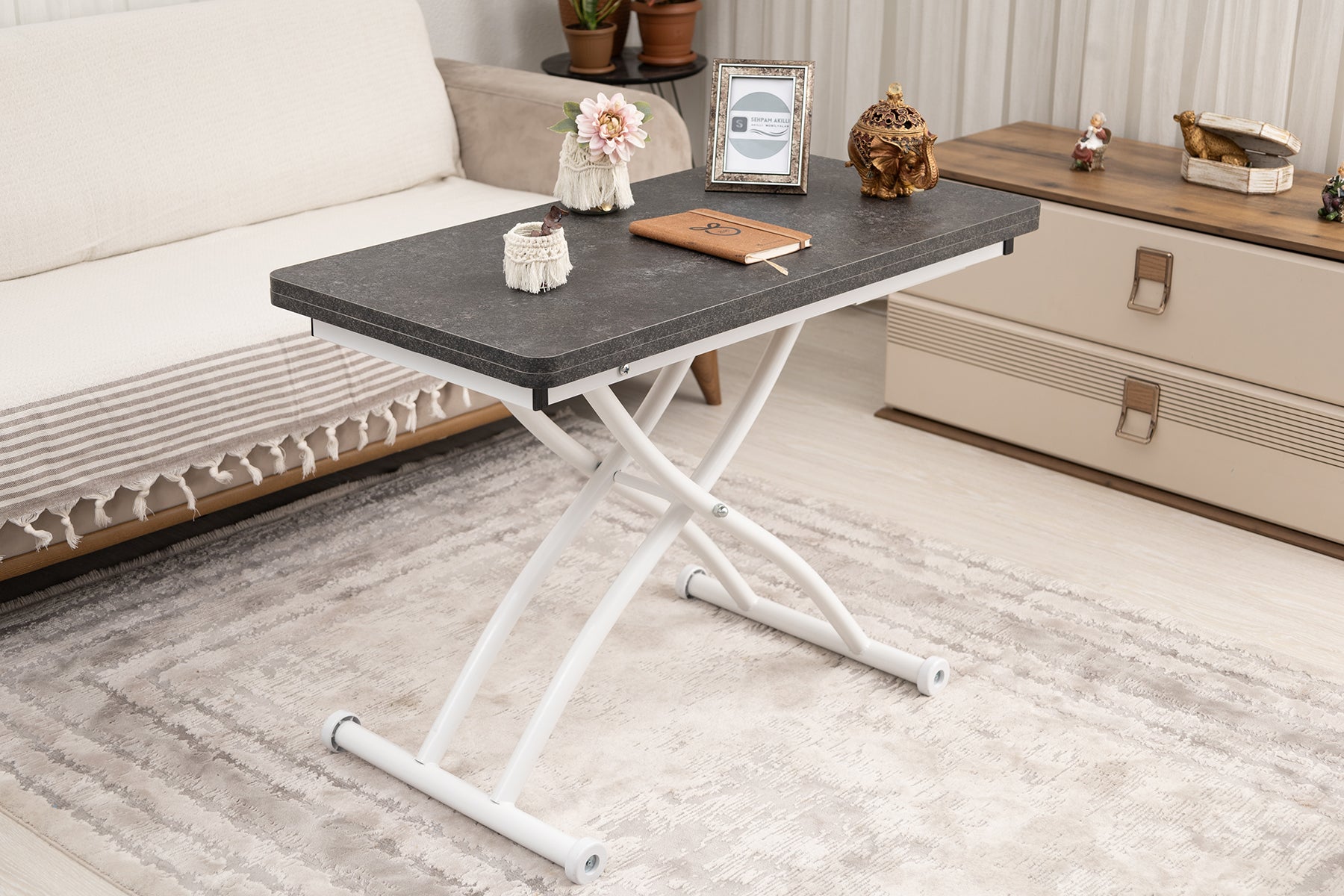 Mini Juppo Smart Coffee Table – Anthracite Grooved MDF Top & White Outward-Curved Metal Legs