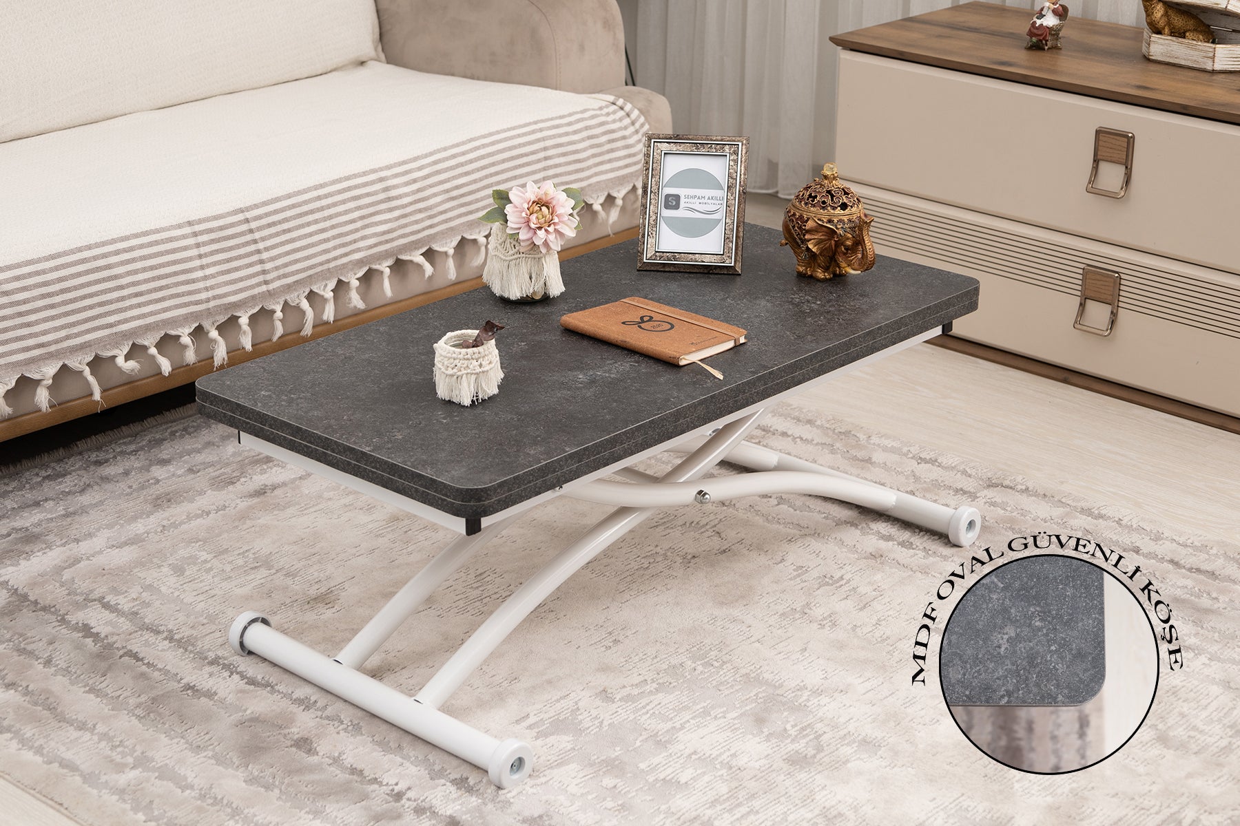 Mini Juppo Smart Coffee Table – Anthracite Grooved MDF Top & White Outward-Curved Metal Legs