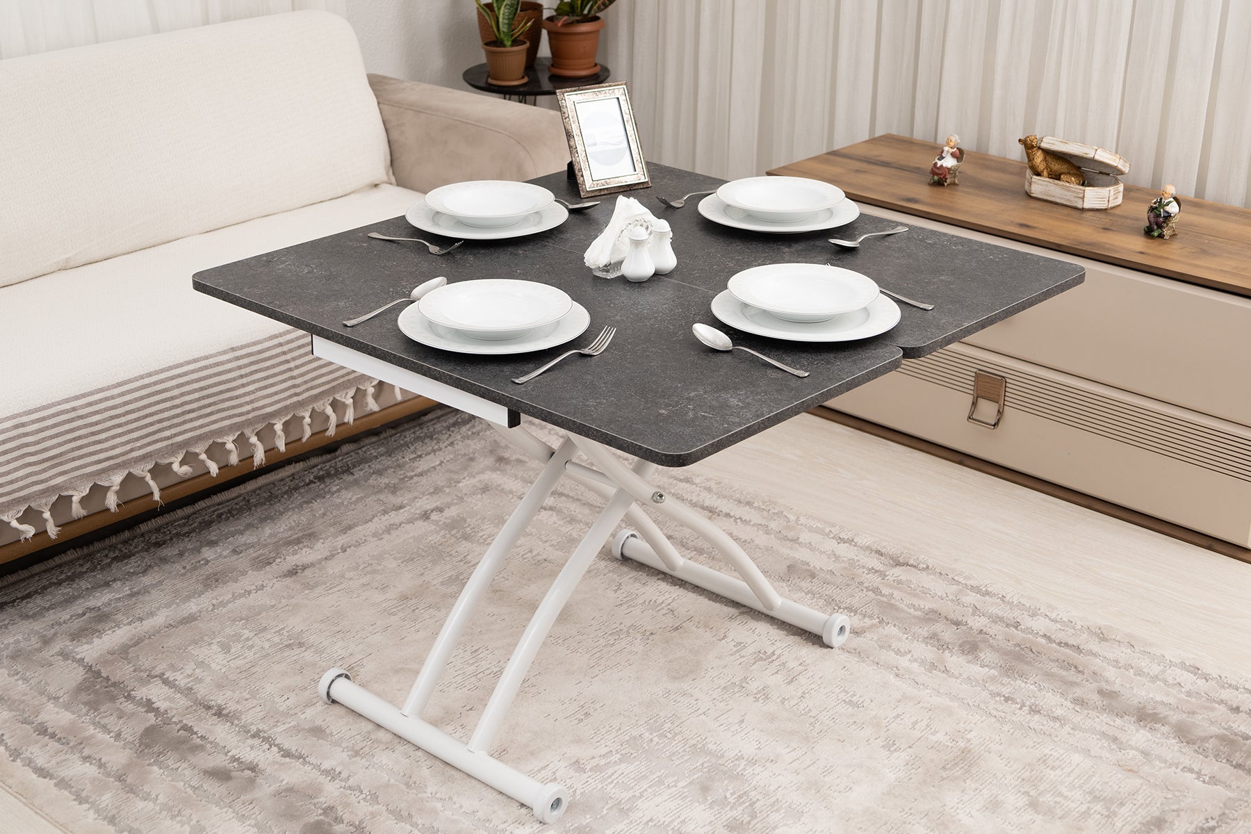 Mini Juppo Smart Coffee Table – Anthracite Grooved MDF Top & White Outward-Curved Metal Legs