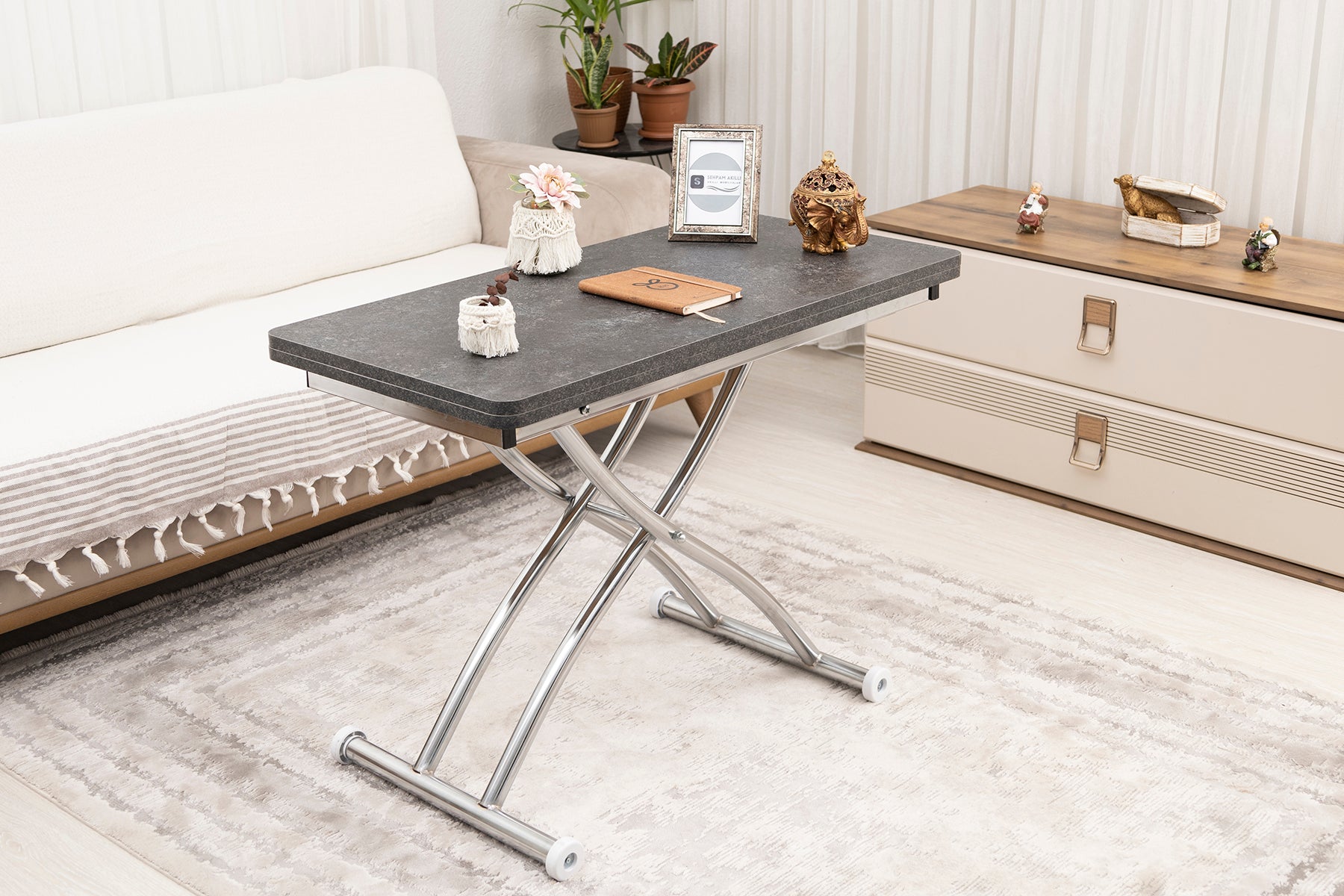 Mini Juppo Smart Coffee Table – Milled Anthracite MDF Top & Chrome-Plated Outward-Curved Leg