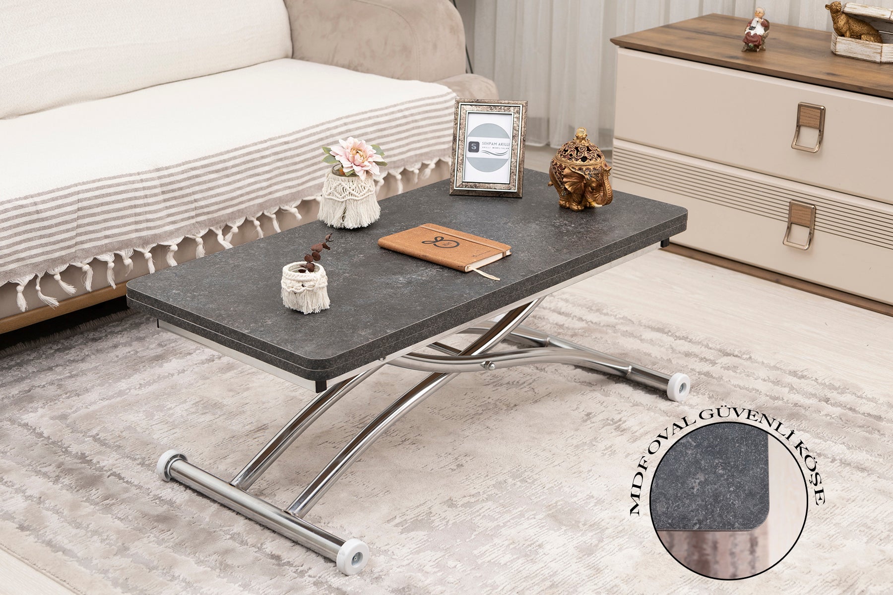 Mini Juppo Smart Coffee Table – Milled Anthracite MDF Top & Chrome-Plated Outward-Curved Leg
