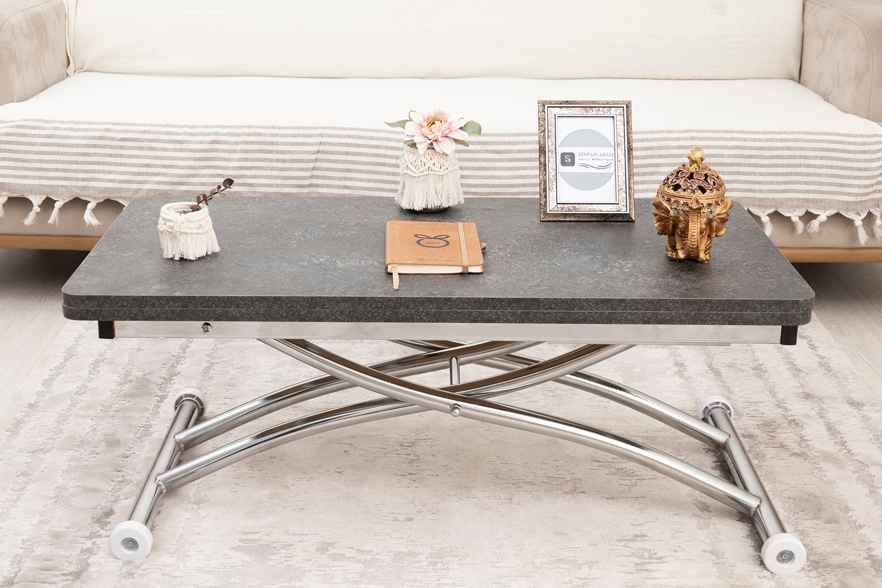 Mini Juppo Smart Coffee Table – Milled Anthracite MDF Top & Chrome-Plated Outward-Curved Leg