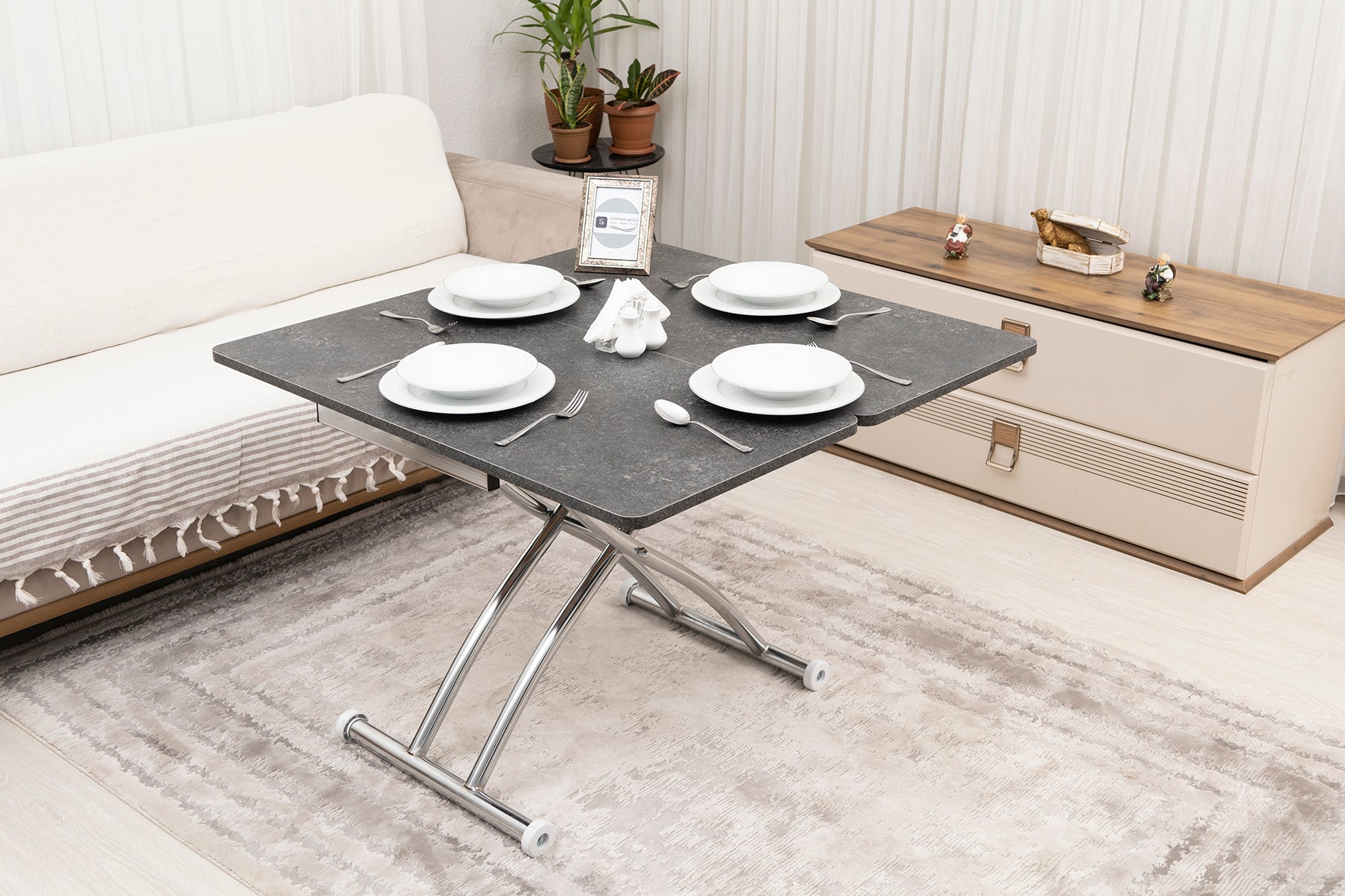 Mini Juppo Smart Coffee Table – Milled Anthracite MDF Top & Chrome-Plated Outward-Curved Leg