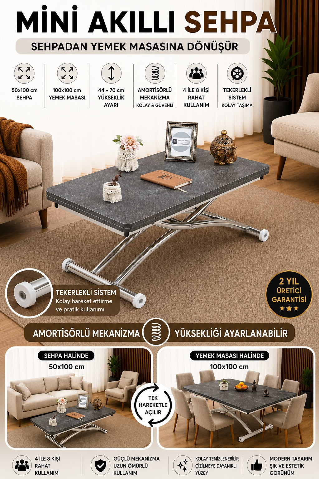 Mini Juppo Smart Coffee Table – Milled Anthracite MDF Top & Chrome-Plated Outward-Curved Leg