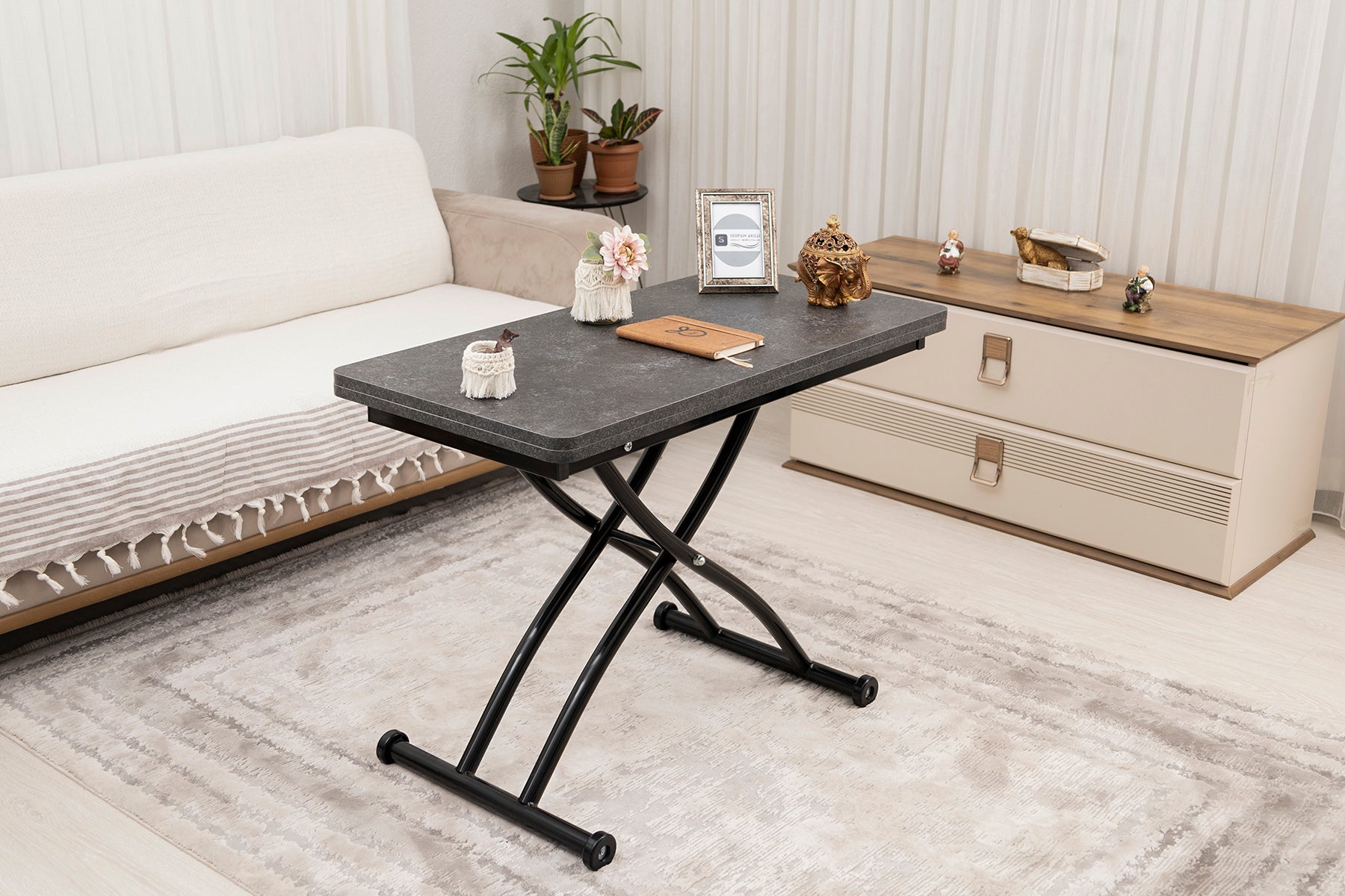 Mini Juppo Smart Coffee Table – Routered Anthracite MDF Top & Black Outward Curving Metal Leg