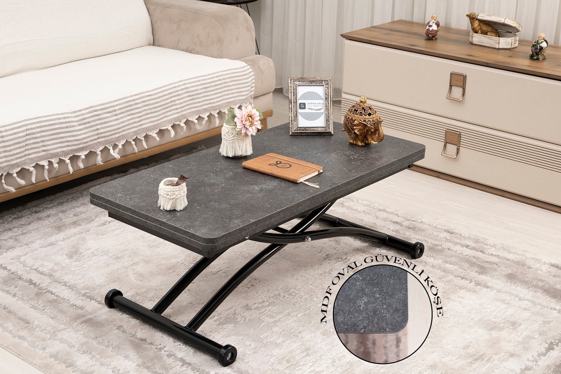 Mini Juppo Smart Coffee Table – Routered Anthracite MDF Top & Black Outward Curving Metal Leg