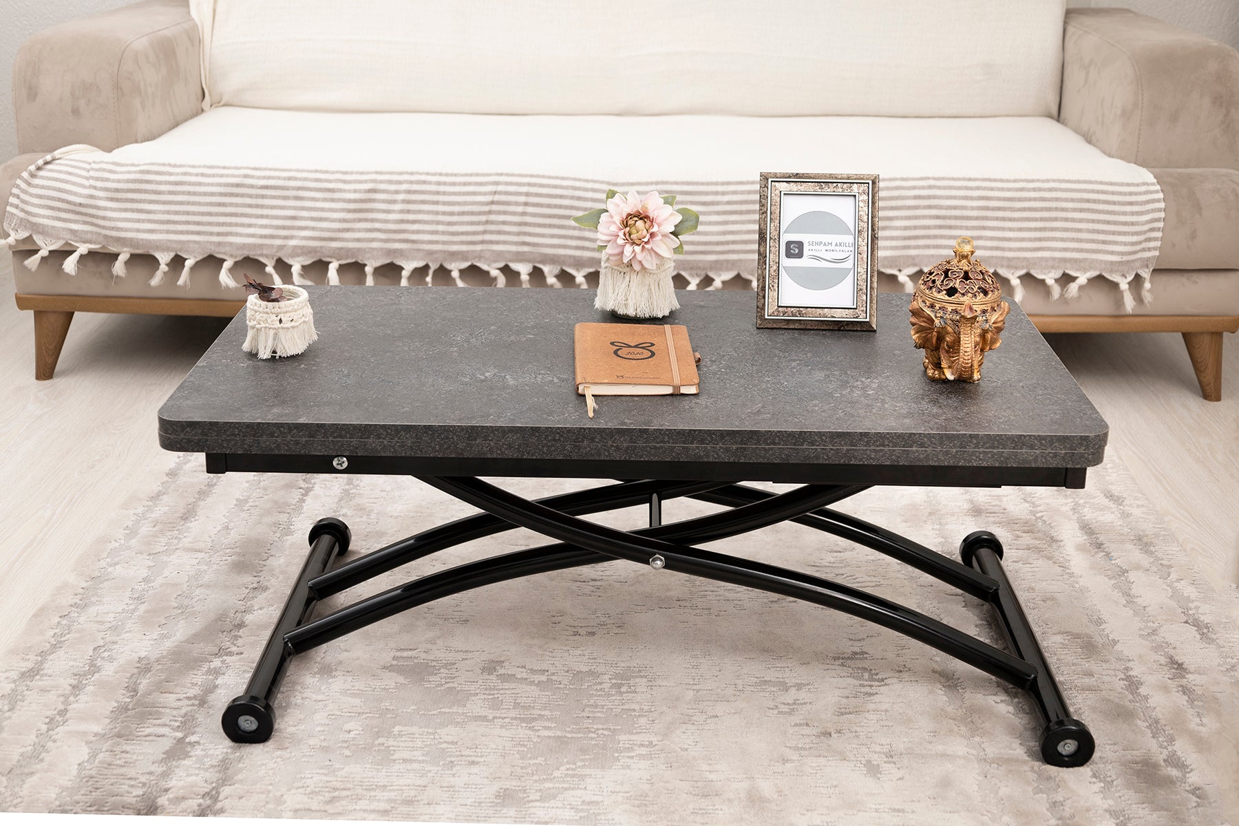 Mini Juppo Smart Coffee Table – Routered Anthracite MDF Top & Black Outward Curving Metal Leg