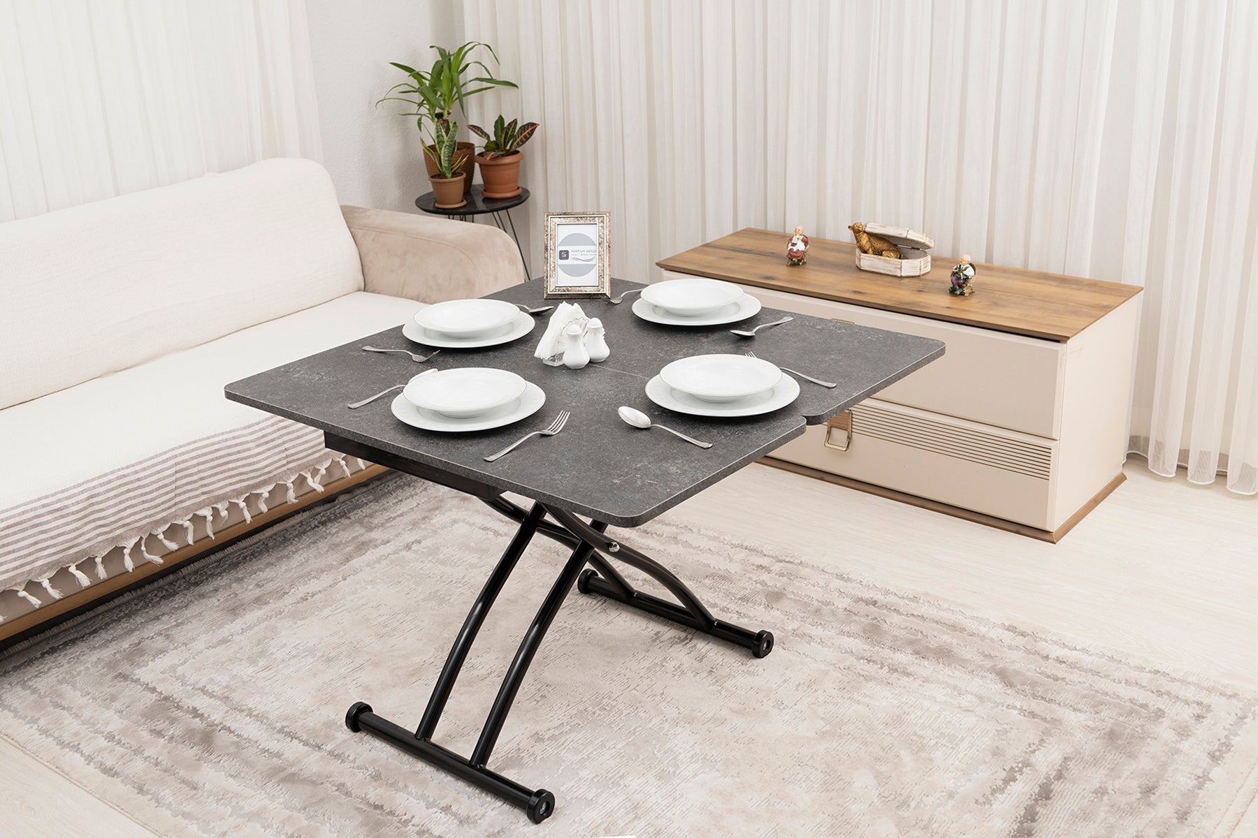 Mini Juppo Smart Coffee Table – Routered Anthracite MDF Top & Black Outward Curving Metal Leg