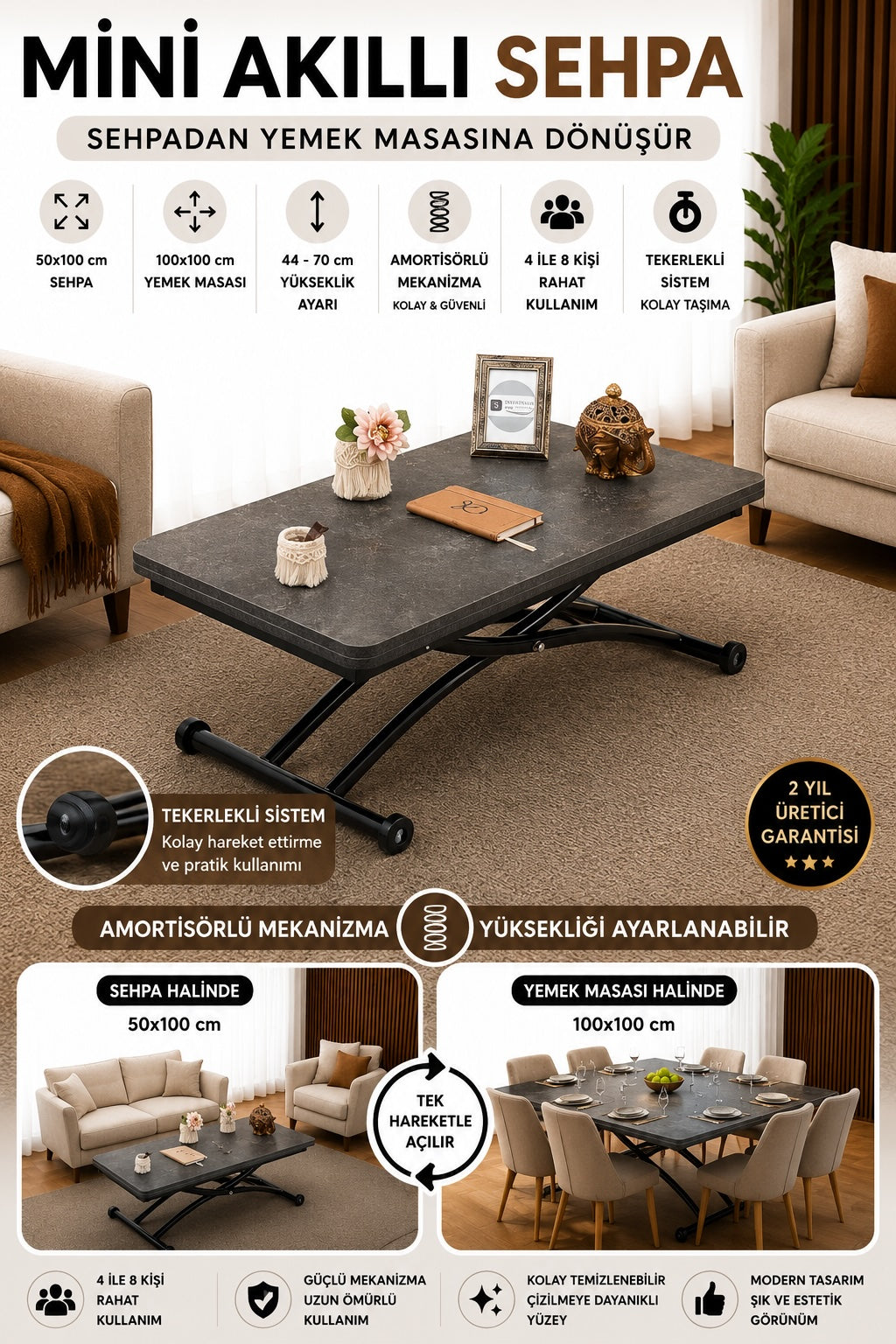 Mini Juppo Smart Coffee Table – Routered Anthracite MDF Top & Black Outward Curving Metal Leg
