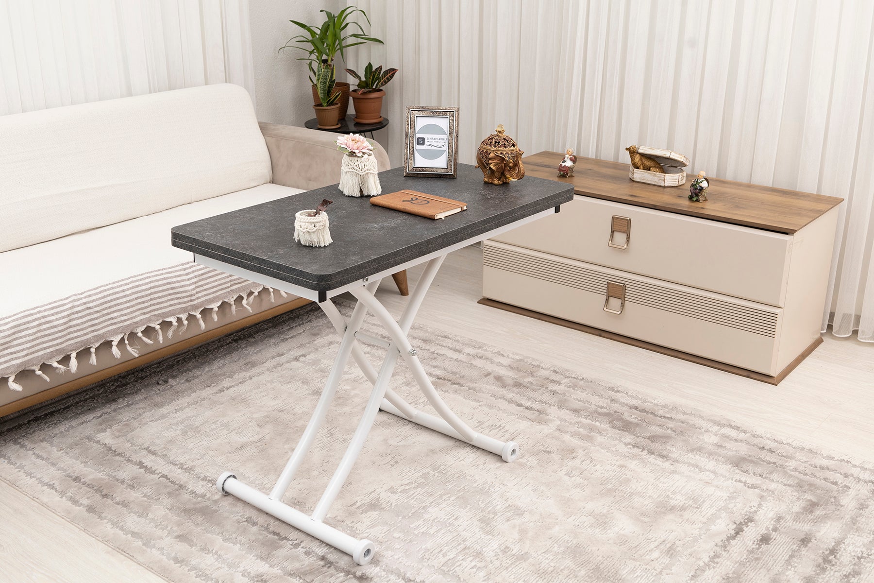 Mini Juppo Smart Coffee Table – Routered Anthracite MDF Top & White Metal Legs