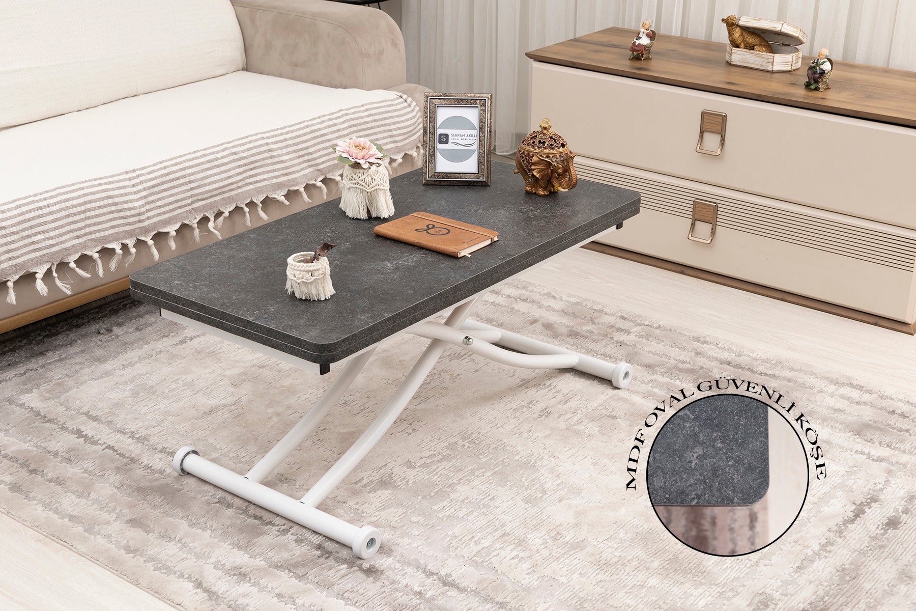 Mini Juppo Smart Coffee Table – Routered Anthracite MDF Top & White Metal Legs