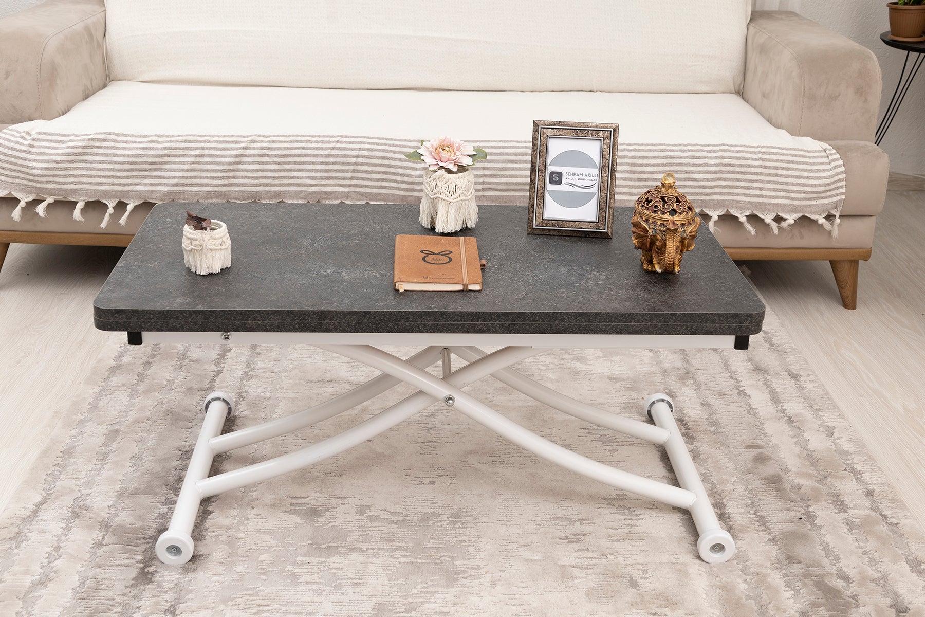 Mini Juppo Smart Coffee Table – Routered Anthracite MDF Top & White Metal Legs