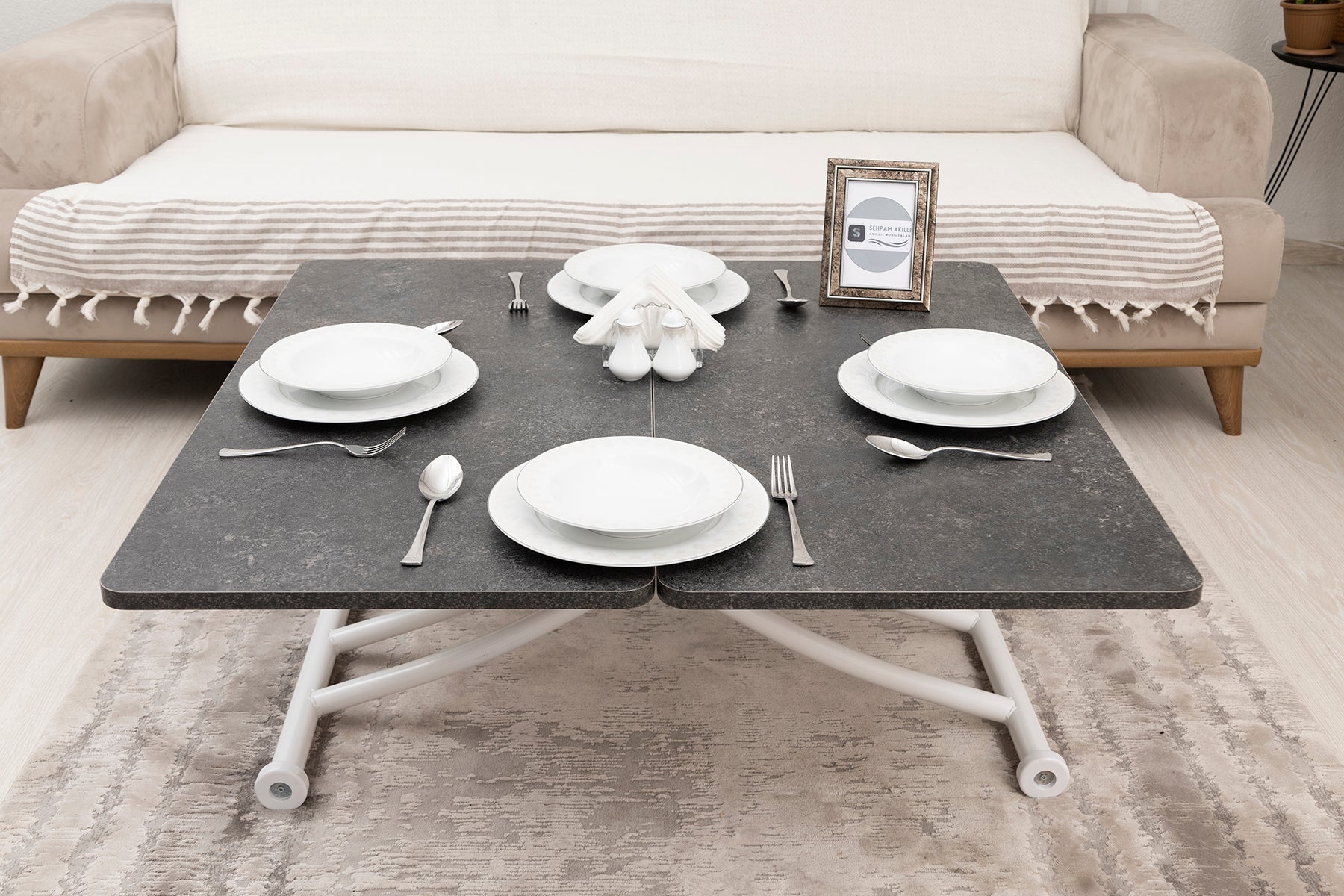 Mini Juppo Smart Coffee Table – Routered Anthracite MDF Top & White Metal Legs