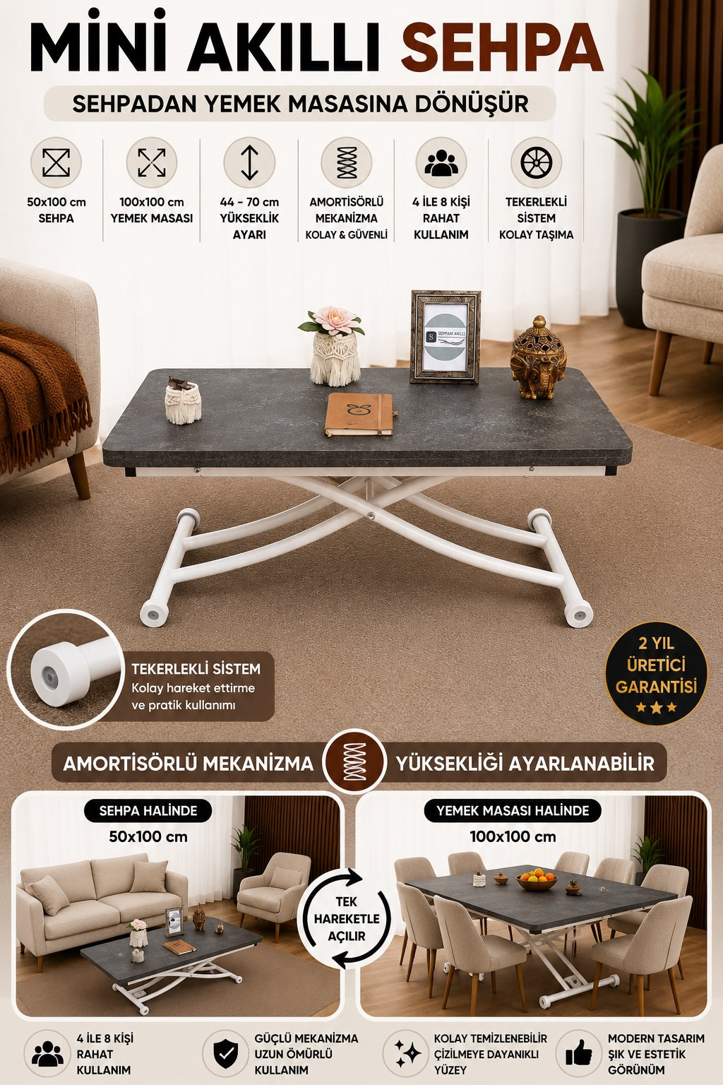 Mini Juppo Smart Coffee Table – Routered Anthracite MDF Top & White Metal Legs