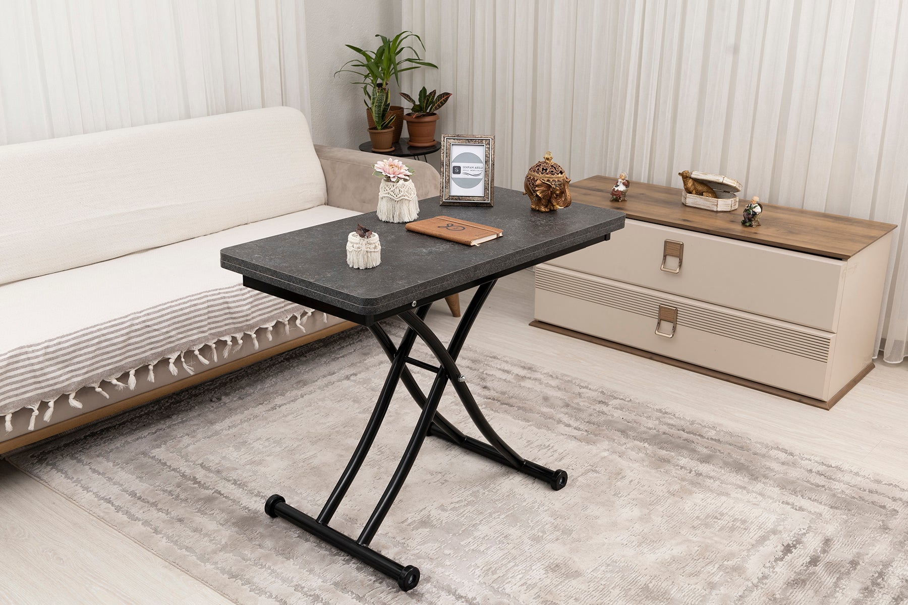 Mini Juppo Smart Coffee Table – Grooved Anthracite MDF Top & Black Metal Legs