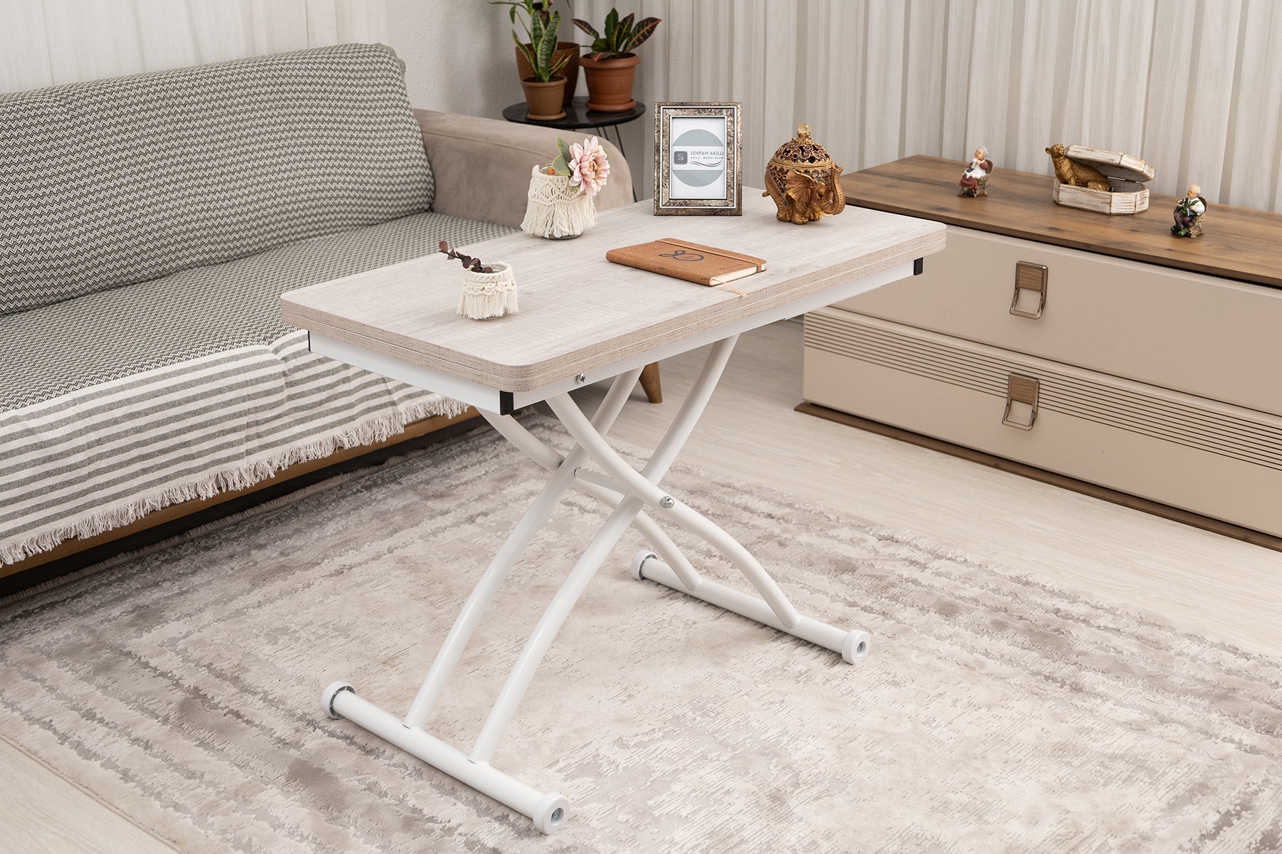 Mini Juppo Akıllı Sehpa – Lizbon MDF Üst & Beyaz Dışa Kıvrımlı Metal Ayak